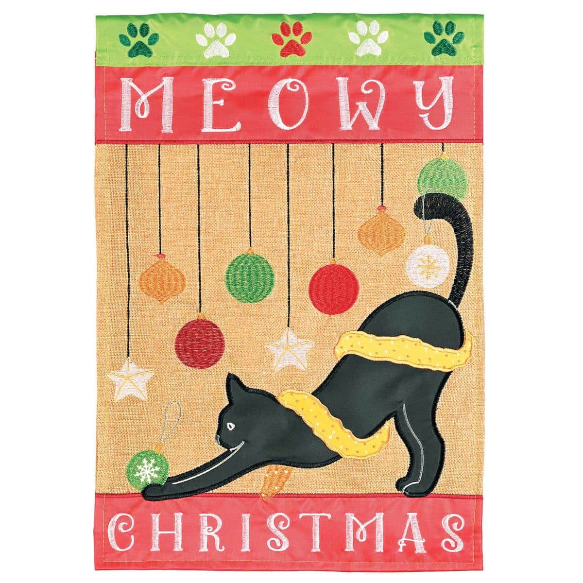 13x18 Cat Meowy Christmas garden flag featuring a playful cat in a Santa hat with holly and snowflake applique details, double applique texture, and reinforced sleeve displayed on a garden pole.