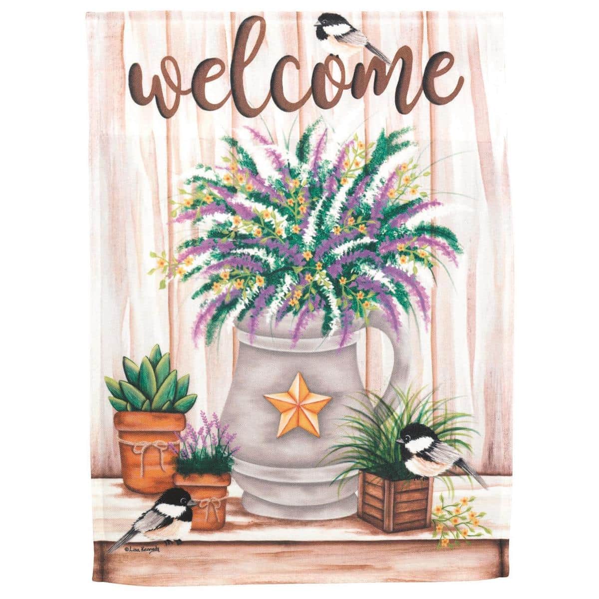 13x18 printed garden flag showing a chickadee perched on flowering branches with the word "Welcome", designed for standard small flag poles and porch displays