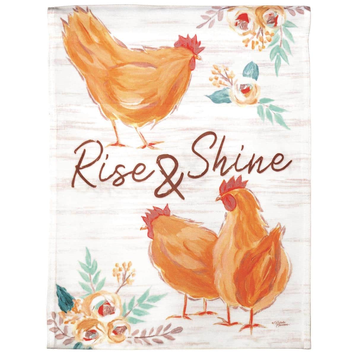 Printed 13x18 garden flag showing a cheerful rooster and hens with bold "Rise Shine" lettering, bright farmhouse color palette, and weather-resistant print, hung on a small yard flag stand.