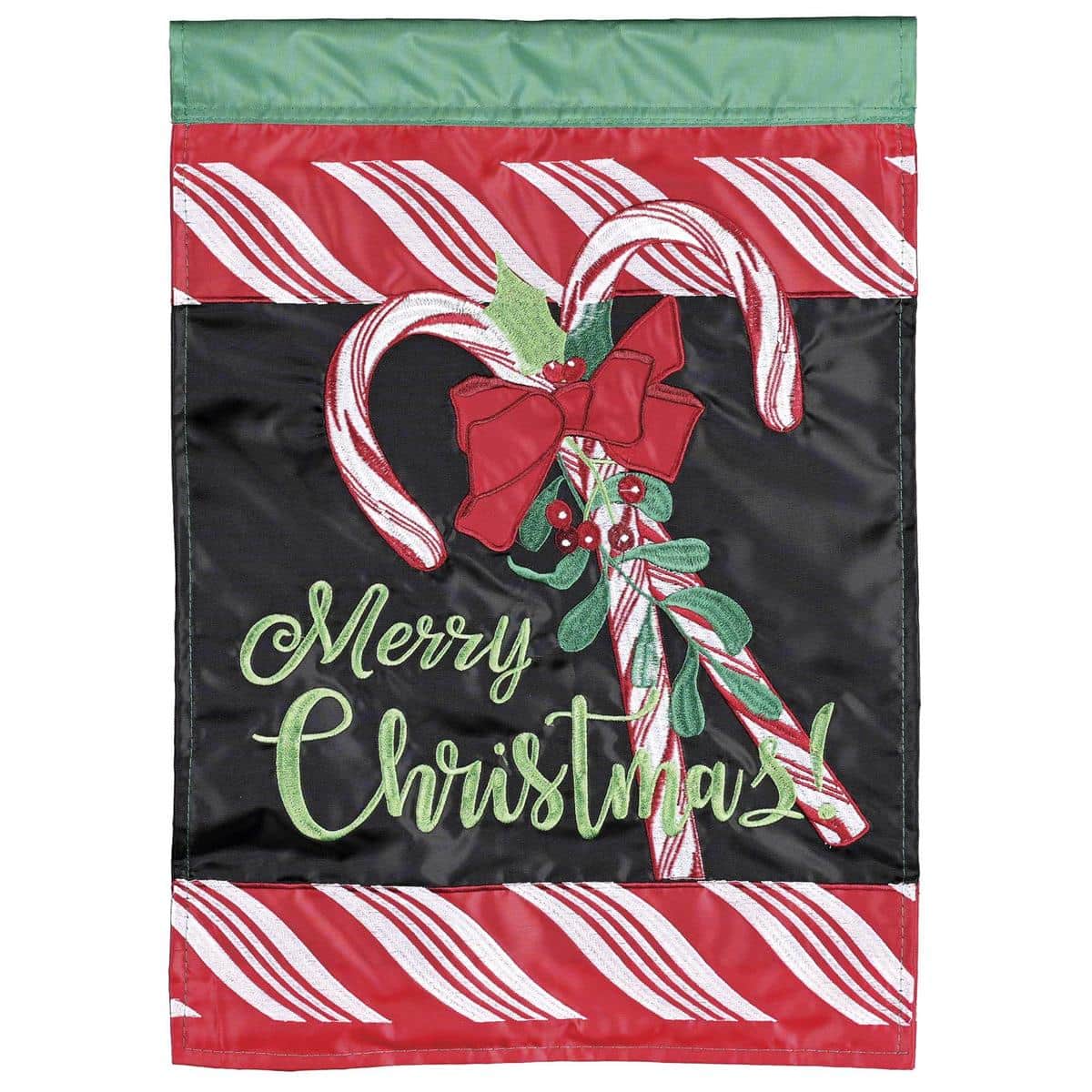 Double applique Christmas flag featuring crossed candy canes tied with a bow, durable two-ply fabric, fits standard garden or house flag poles.