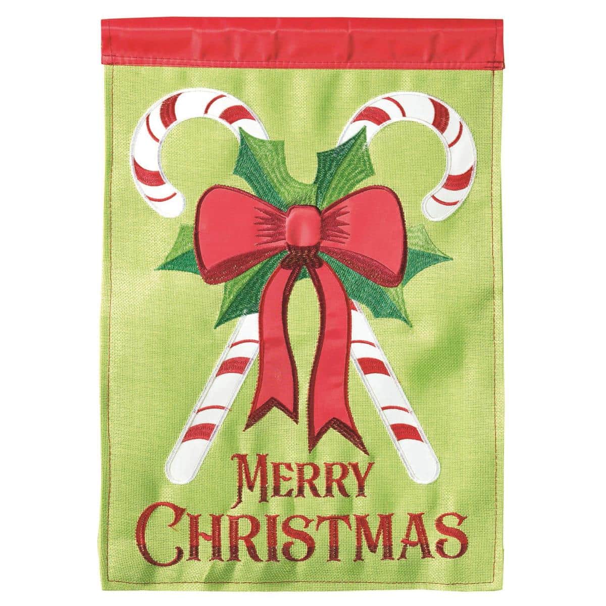 Close-up of 13x18 Christmas Candy Cane Burlap Garden Flag showing double applique candy cane stripes, red and white accents, green holly detailing, burlap texture and reinforced pole sleeve
