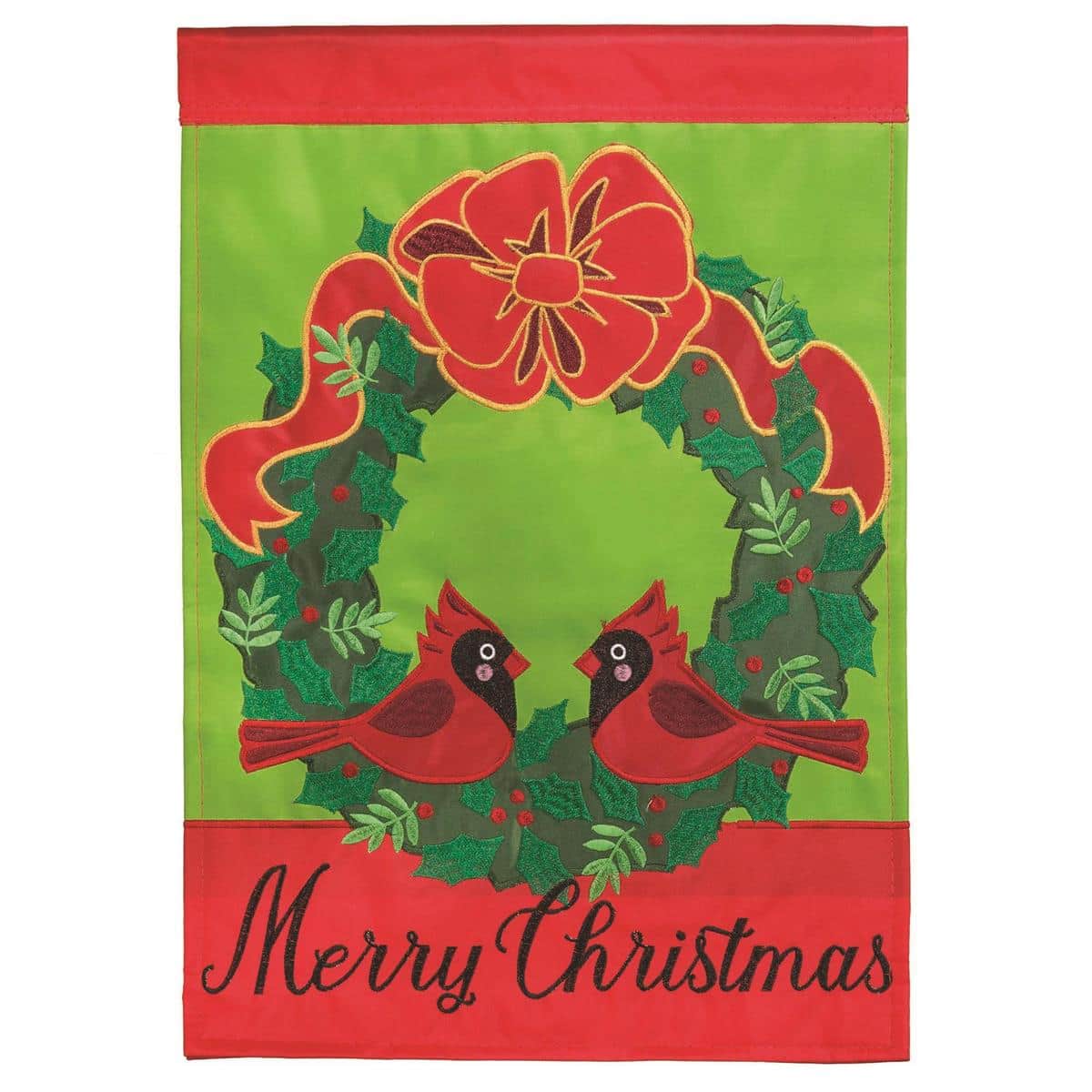 13x18 double applique Christmas cardinal garden flag showing a red cardinal perched on holly and pine sprigs with stitched layered details and rich holiday colors