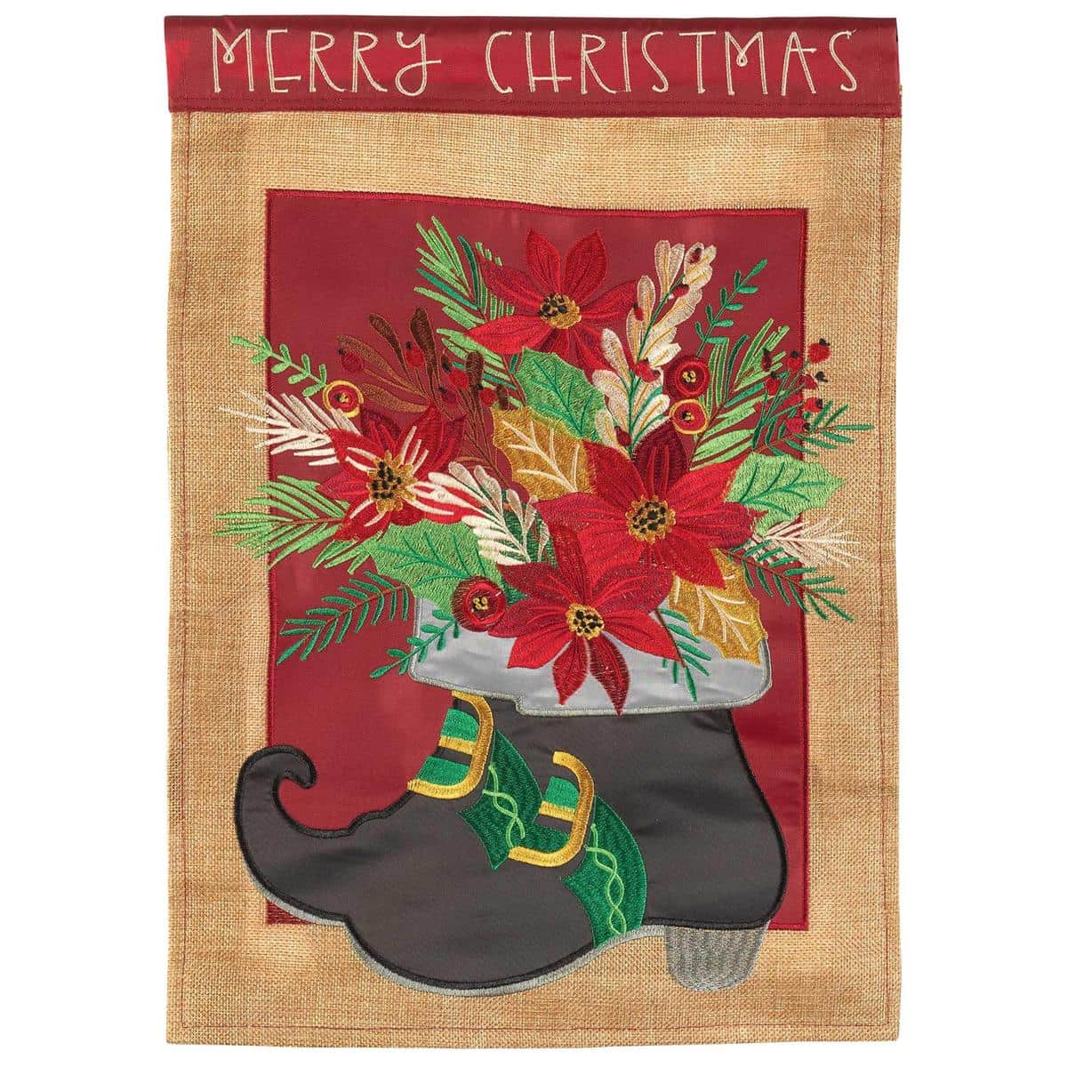 29x42 double applique Christmas banner flag with playful red and green elf boots, jingle bell details, candy cane stripes, and snowflakes, readable on both sides.