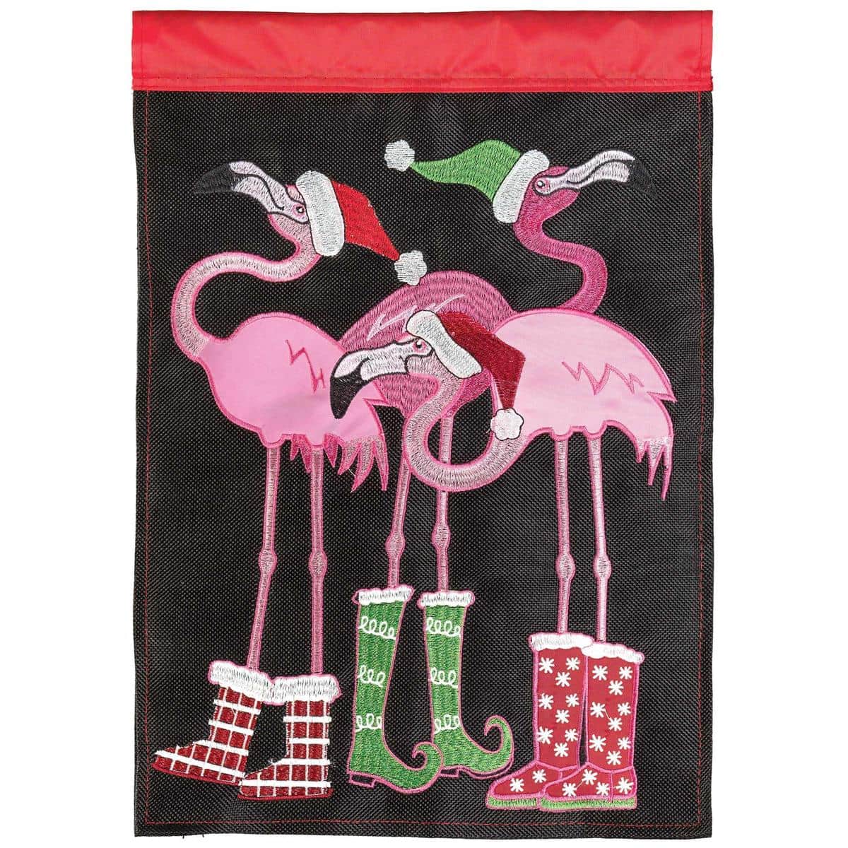 Double applique 29x42 Christmas flamingos in boots house banner flag, bright red and green holiday porch decor with top sleeve, two-sided design, weather resistant.
