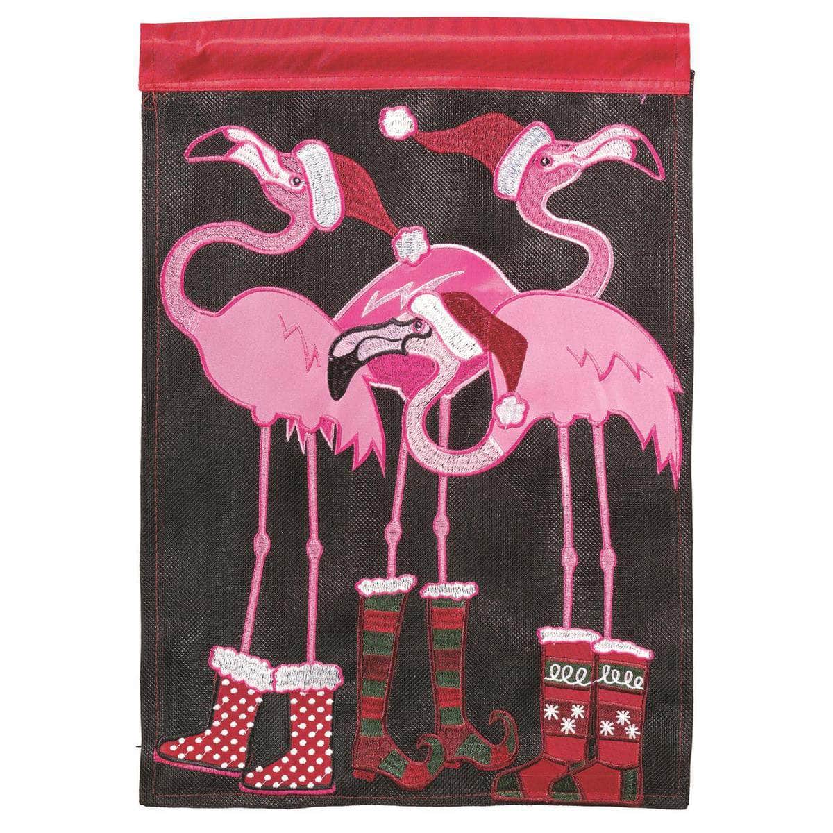 Christmas Flamingos Garden Flag with double-thickness design, intricate applique stitching, and durable nylon construction for tropical holiday décor.