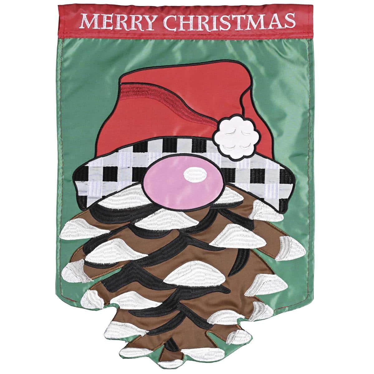 Festive double applique flag showing a whimsical Christmas gnome with a textured pinecone-style beard, red hat accents, and layered fabric stitching, ideal for porch or garden display.