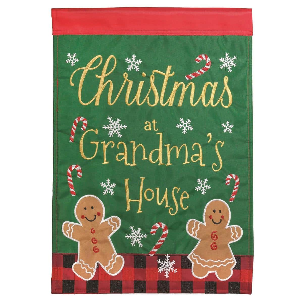 13x18 Christmas Grandmas Garden Flag with double applique floral motifs and grandmother-themed holiday art displayed on a garden flag stand.