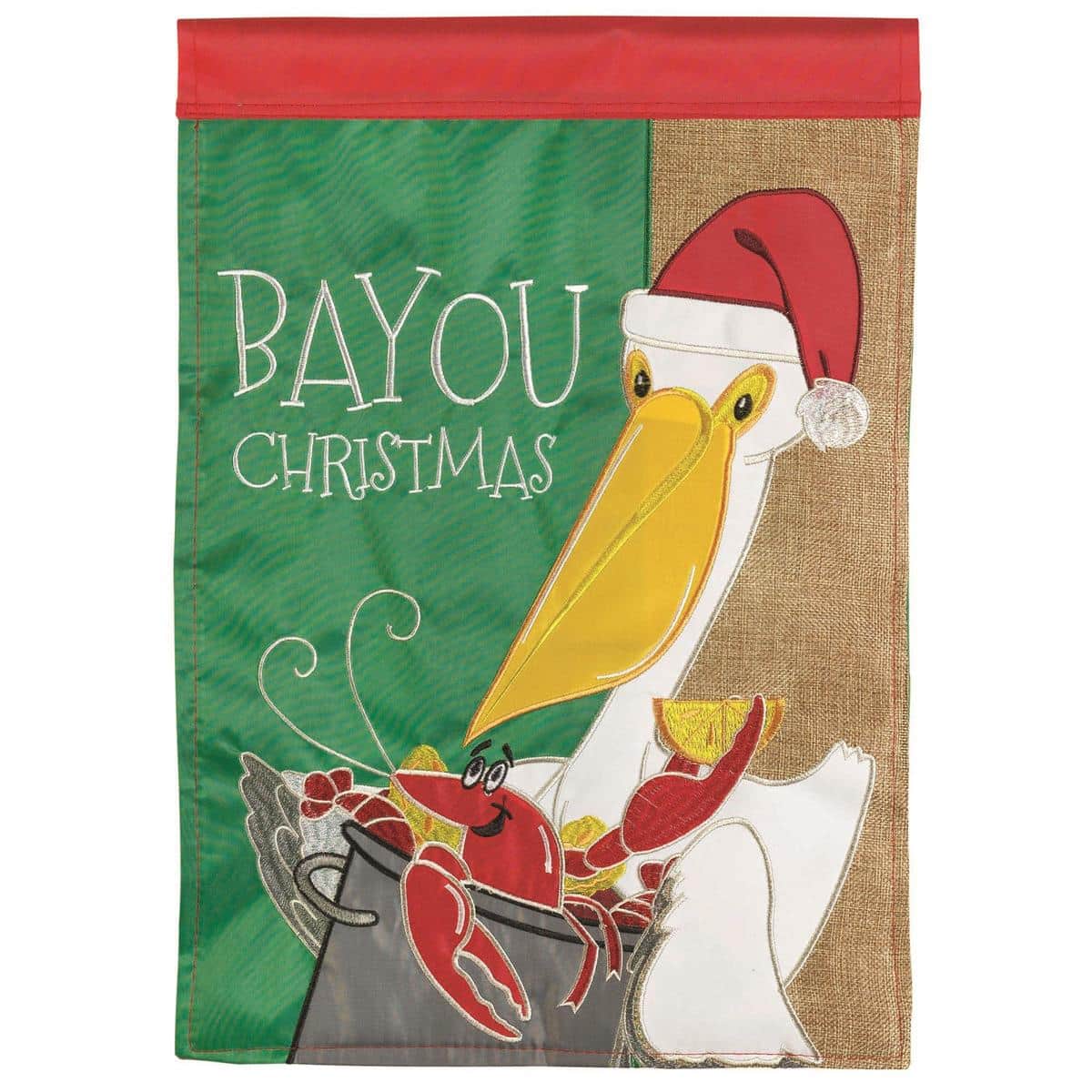 13x18 Christmas In Bayou double applique garden flag with Louisiana-inspired design, weather-resistant fabric, and vivid two-sided embroidery on a standard stand.