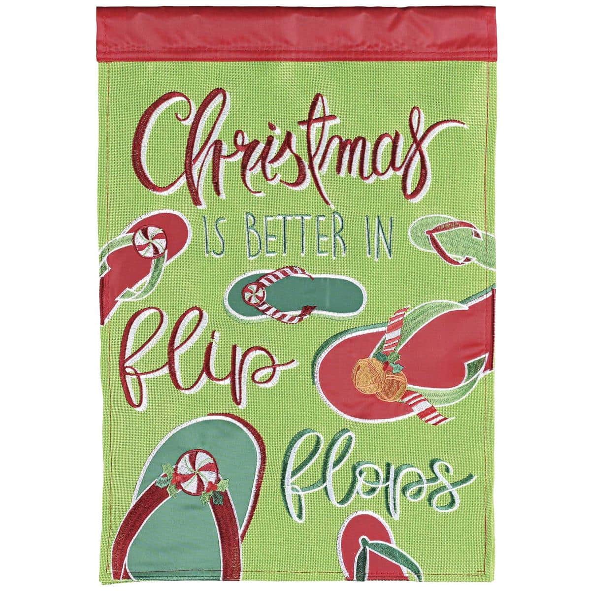 Christmas In Flip Flops 13x18 garden flag shown on a stand, double applique flip flops and coastal holiday icons, vivid red green and aqua, two sided.
