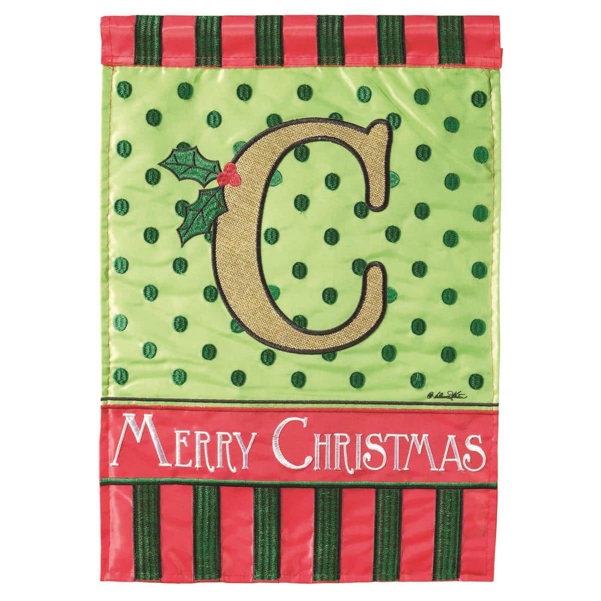 13x18 Christmas burlap garden flag featuring a stitched double-applique monogram C in red and green, rustic holiday design shown on decorative garden pole