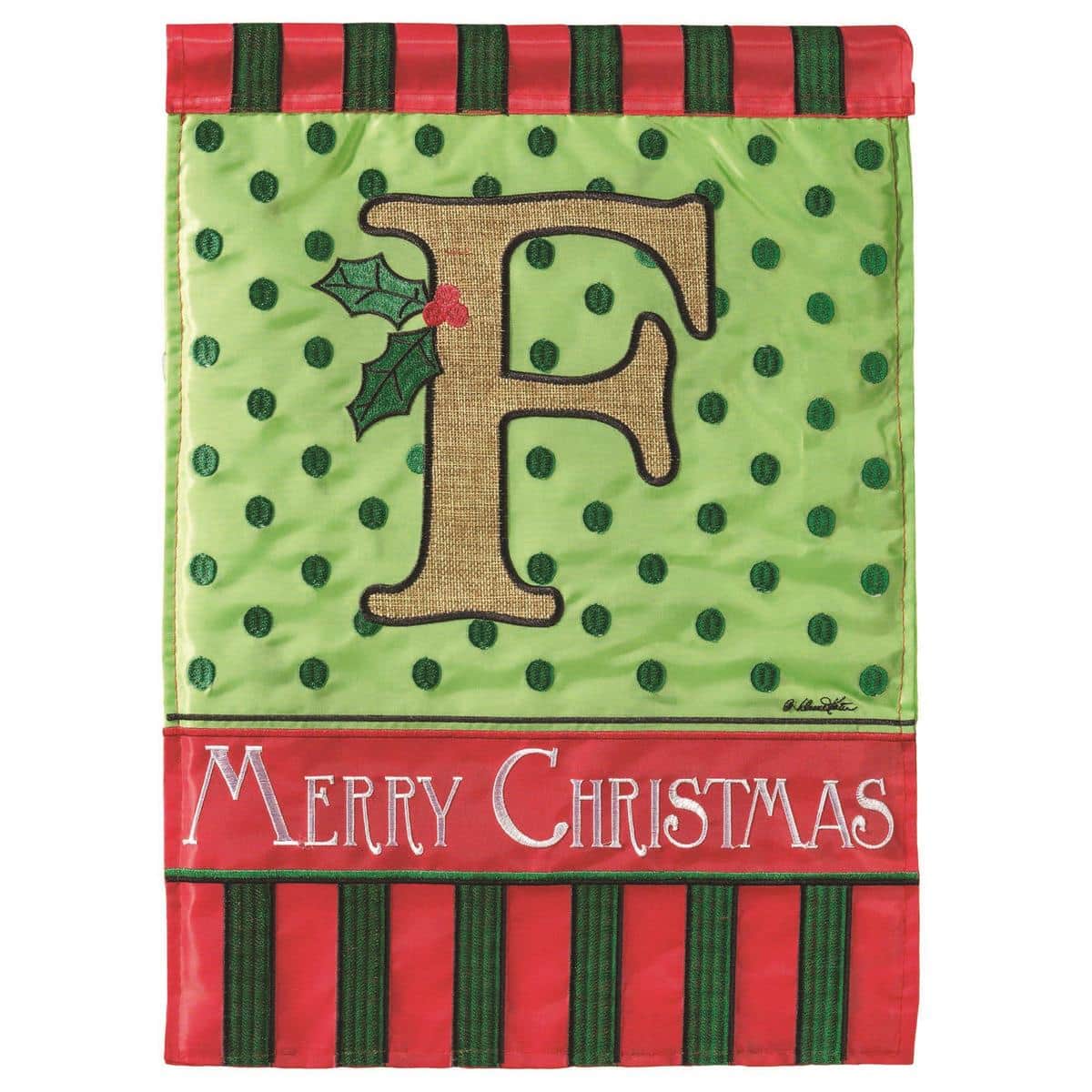 Rustic burlap textured garden flag with double applique monogram F and Christmas accents on a 13x18 inch size, showing a handcrafted layered design ideal for porch displays and seasonal decor