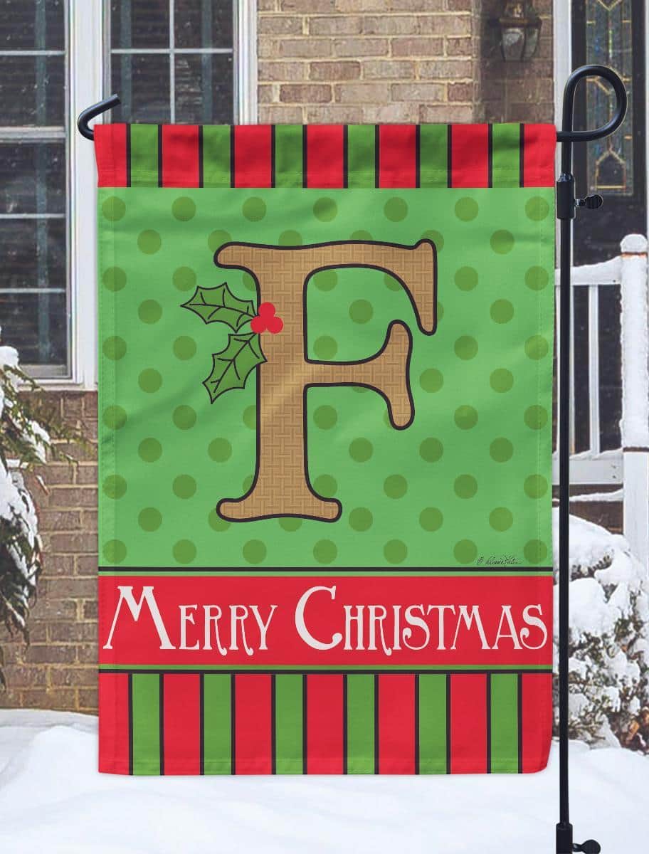 Rustic burlap textured garden flag with double applique monogram F and Christmas accents on a 13x18 inch size, showing a handcrafted layered design ideal for porch displays and seasonal decor