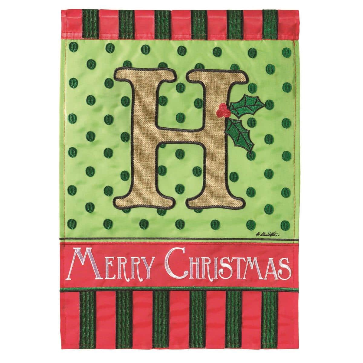 13x18 burlap garden flag featuring a Christmas monogram H with double applique holly, plaid accents, and reinforced sleeve for porch or yard display.