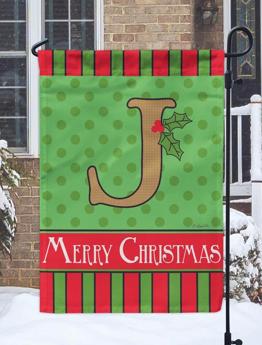 13x18 Christmas Monogram J burlap garden flag with double applique, rustic texture, red and green holiday accents, two-sided design, pole sleeve for yard display
