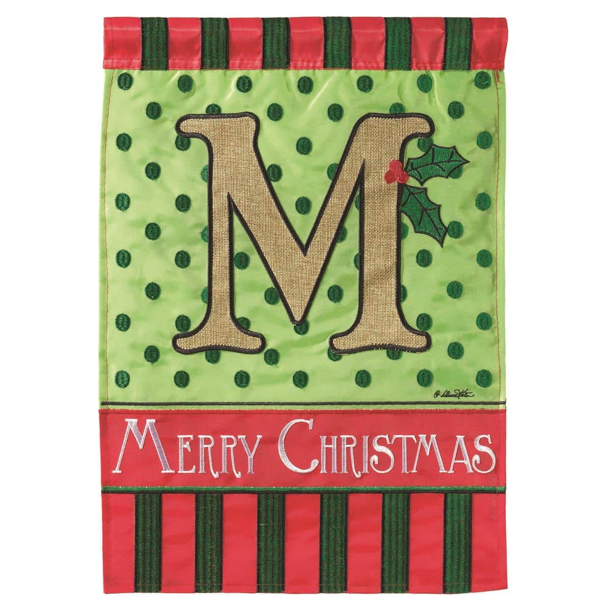 13x18 Christmas Monogram M burlap garden flag with double applique monogram M in wreath and rustic burlap background displayed on a garden flag stand for holiday porch decor