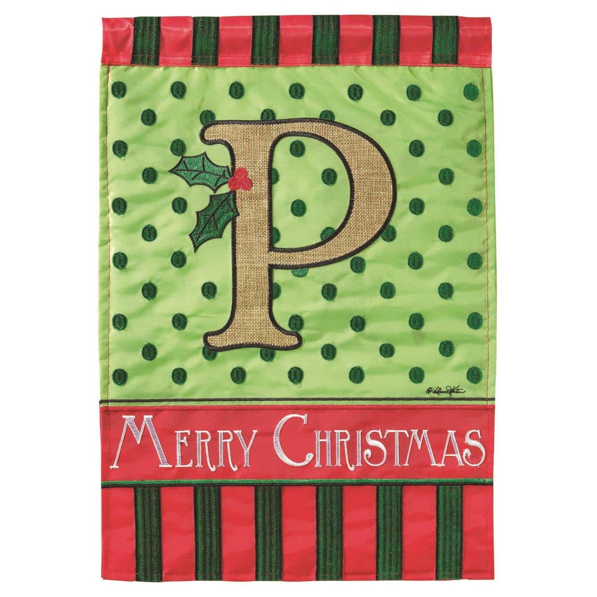 Close up image of Christmas Monogram P Burlap Garden Flag showing double applique monogram P, holiday motifs, distressed burlap texture, and finished hem on a 13x18 inch garden flag