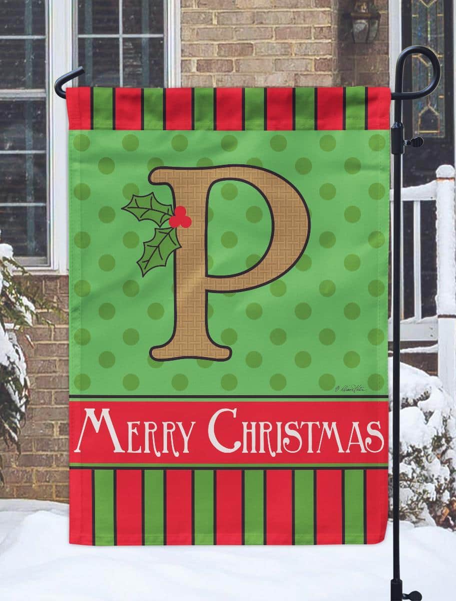 Close up image of Christmas Monogram P Burlap Garden Flag showing double applique monogram P, holiday motifs, distressed burlap texture, and finished hem on a 13x18 inch garden flag