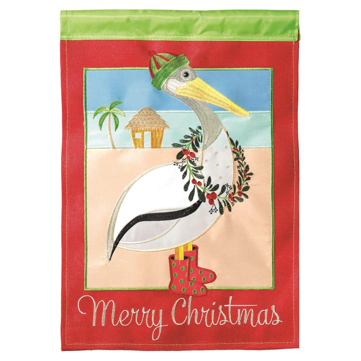 13x18 burlap garden flag featuring a double applique pelican wearing a Santa hat with holiday red and green accents, decorative stitching, and a standard pole sleeve for garden flag stands.