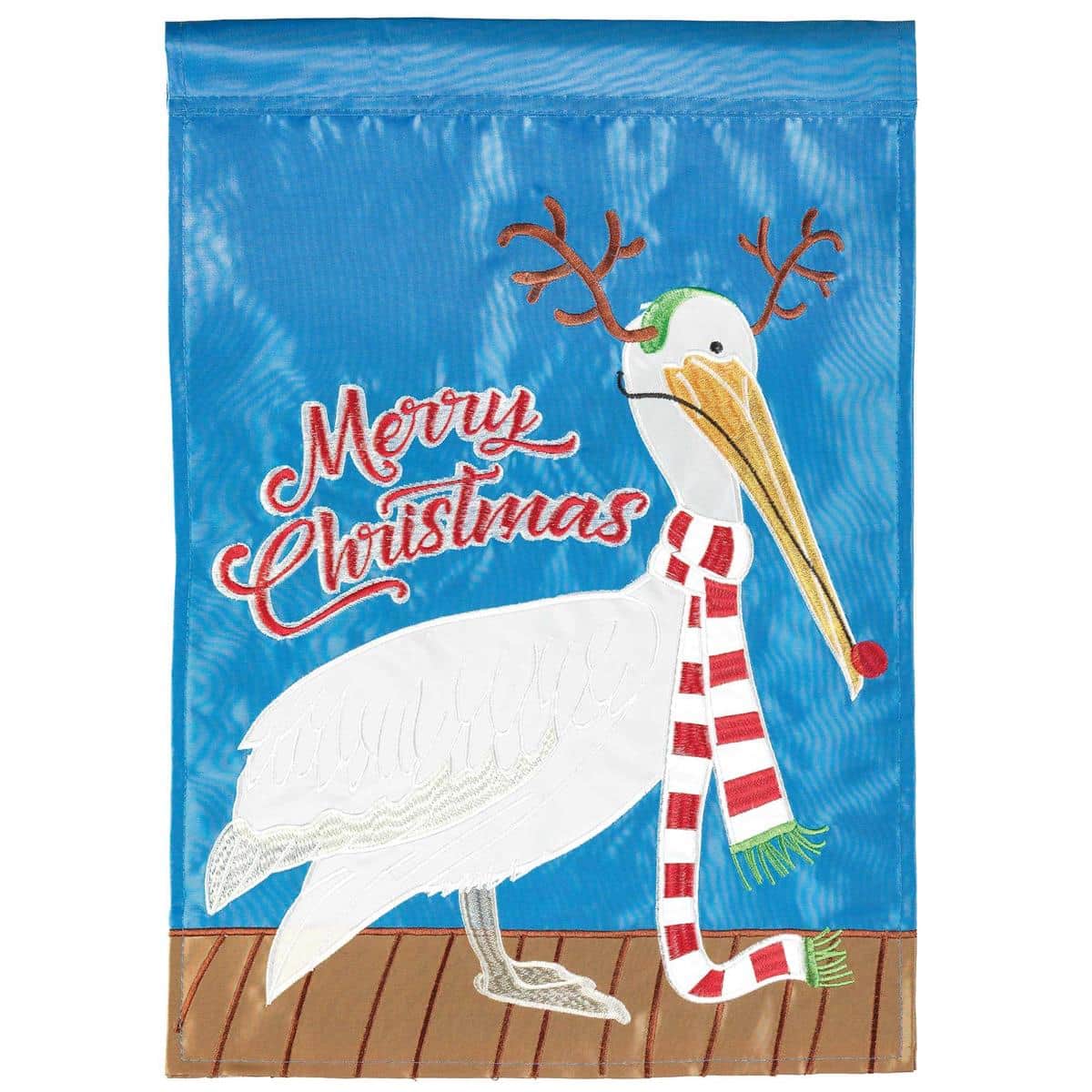 Christmas pelican garden flag with red nose, double applique 13x18 design, weather resistant, vivid two-sided artwork on a standard garden flag pole