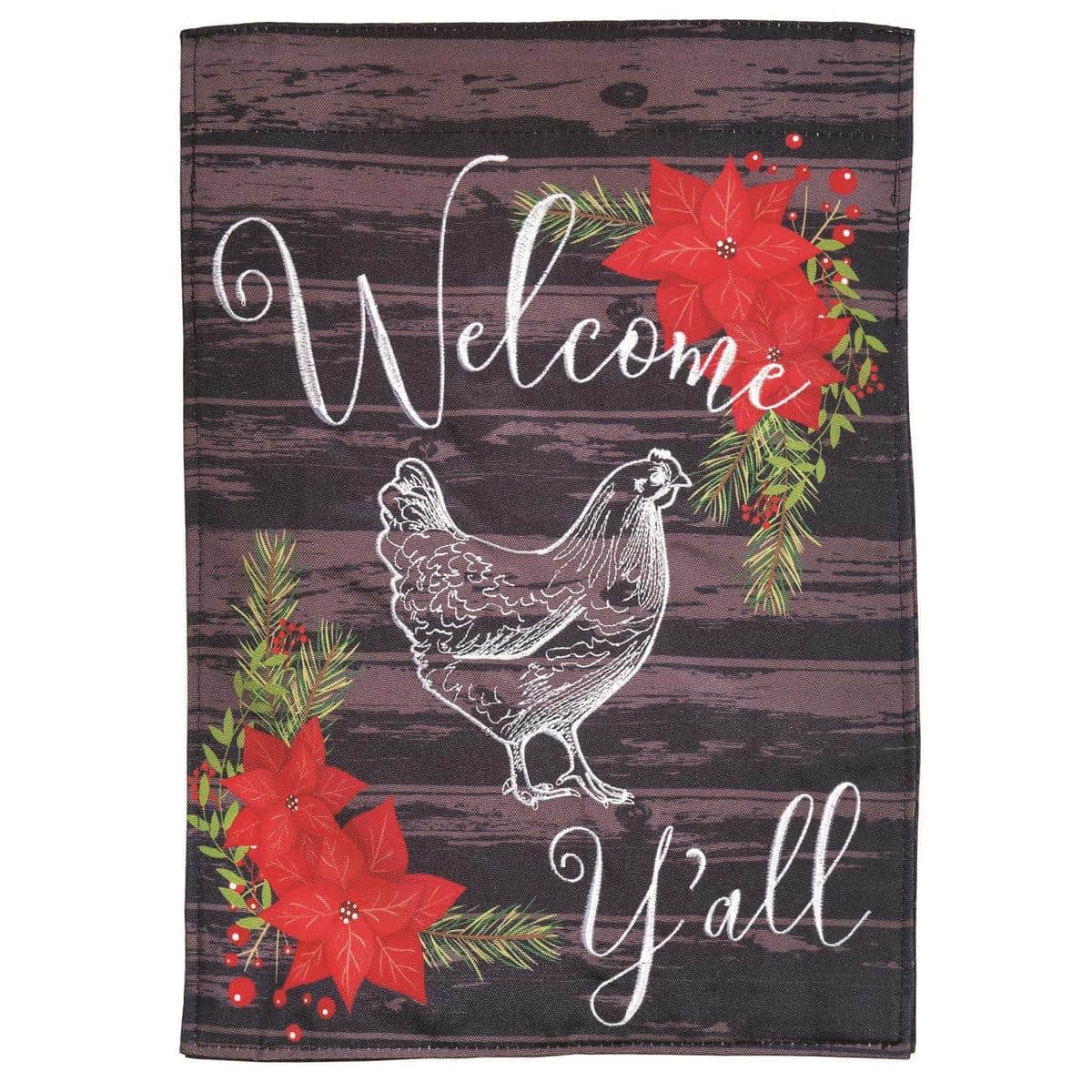 Red poinsettia garden flag 13x18 with double-applique layers, embroidered gold highlights, green foliage accents, reinforced sleeve for standard garden flag pole and durable outdoor display.