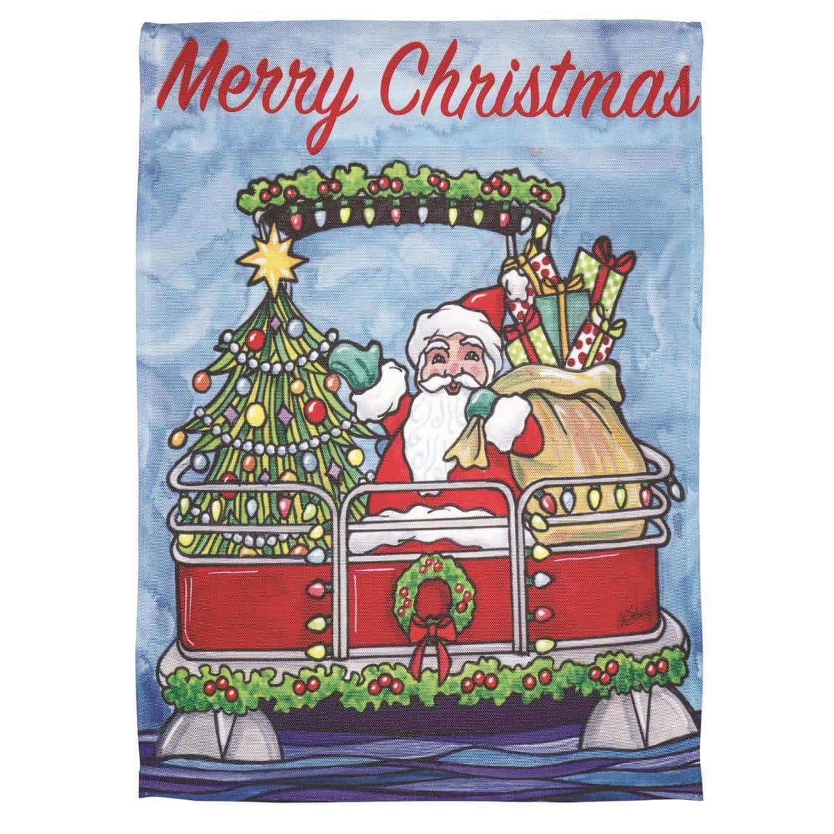 Nautical Christmas banner flag showing Santa cruising a pontoon boat on blue water, 30x44 printed house flag for outdoor holiday display.