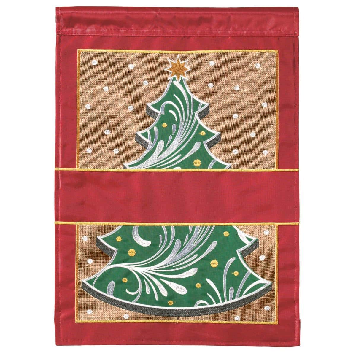 13x18 burlap garden flag showing a layered green Christmas tree applique on a natural burlap background with visible stitching, sewn sleeve and rustic holiday porch decor ready to display.