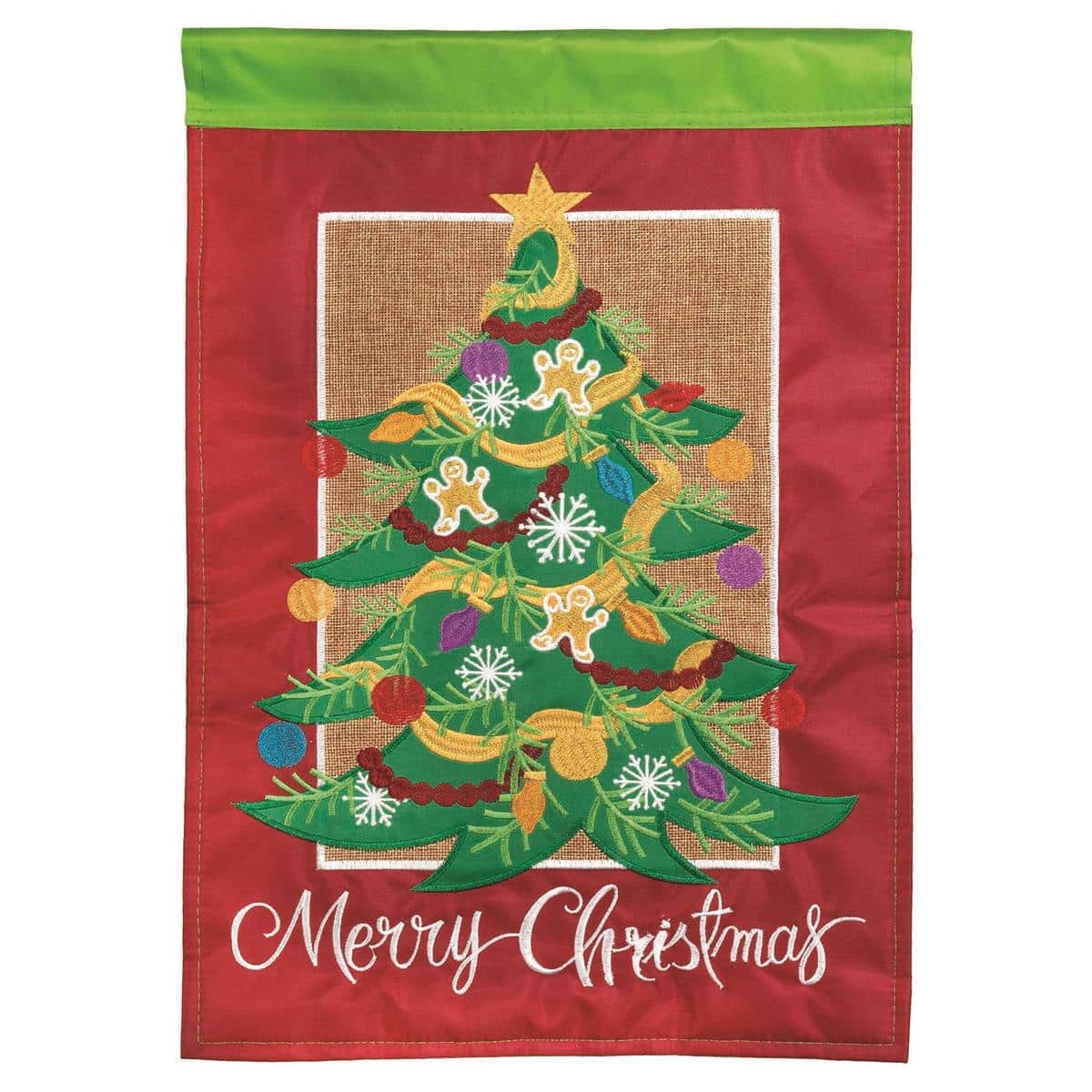 Red Christmas tree garden flag 13x18 with double applique layers, stitched hems, and reinforced sleeve displayed on a front porch flag pole for holiday decor.