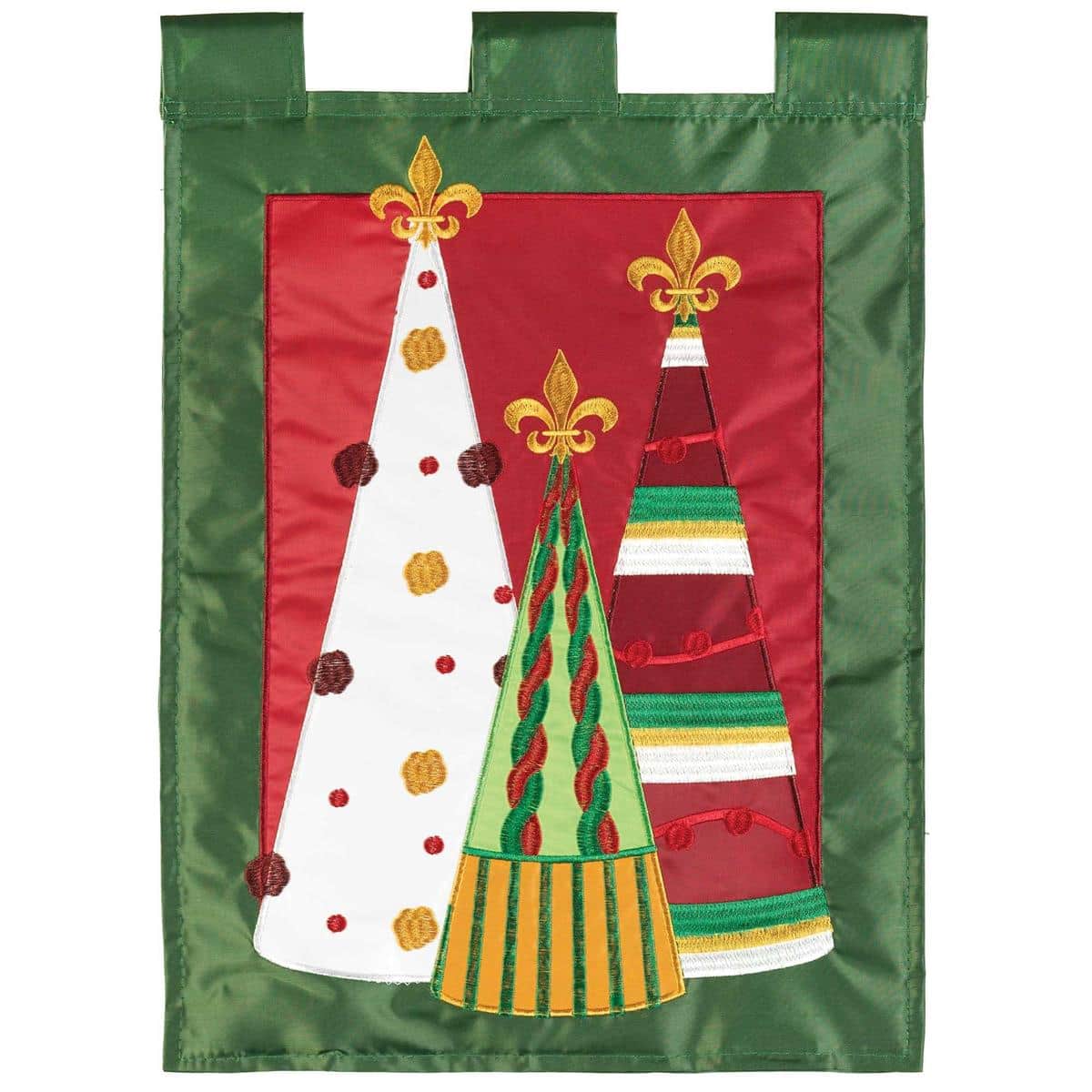 Garden flag 13x18 showing double applique Christmas trees and fleur-de-lis in LA-Christmas style on durable polyester fabric, festive outdoor decor for porch, entryway, and yard.