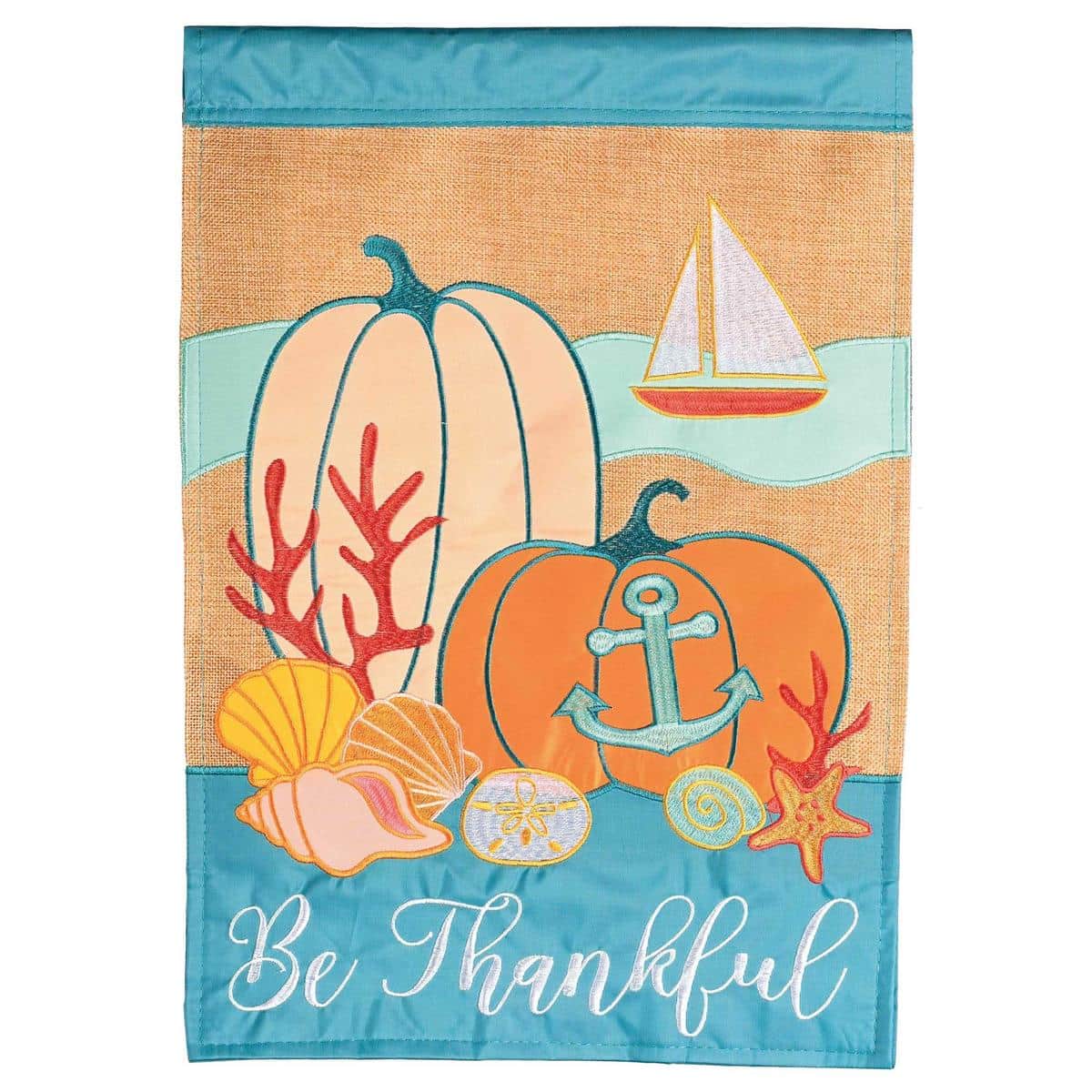 13x18 Coastal Be Thankful garden flag with double applique seashells, driftwood accents, pumpkins, and "Be Thankful" script in coastal and autumn colors for outdoor seasonal display.