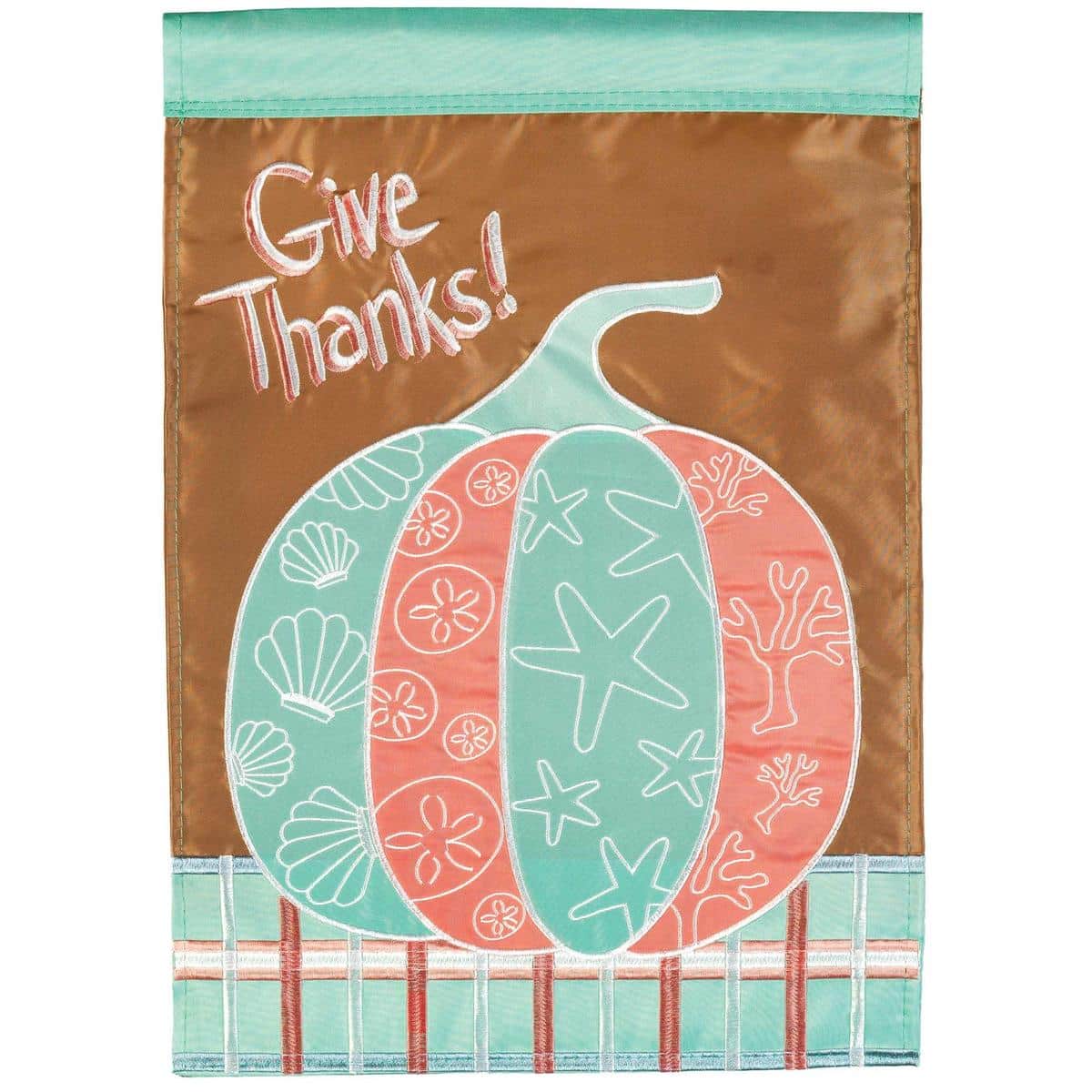 Coastal Give Thanks garden flag 13x18 showing layered applique shells, starfish, pumpkins and hand-lettered Give Thanks text on textured fabric.