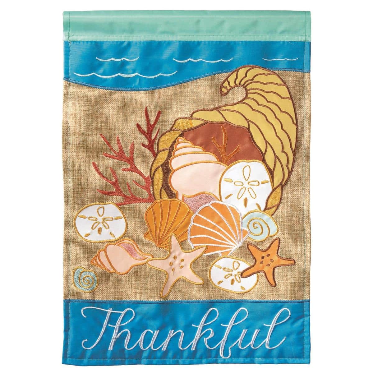 Coastal Thankful 13x18 double applique garden flag featuring coastal autumn motifs, shells and rope accents with a bold "Thankful" message, ideal for porch and small yard displays.