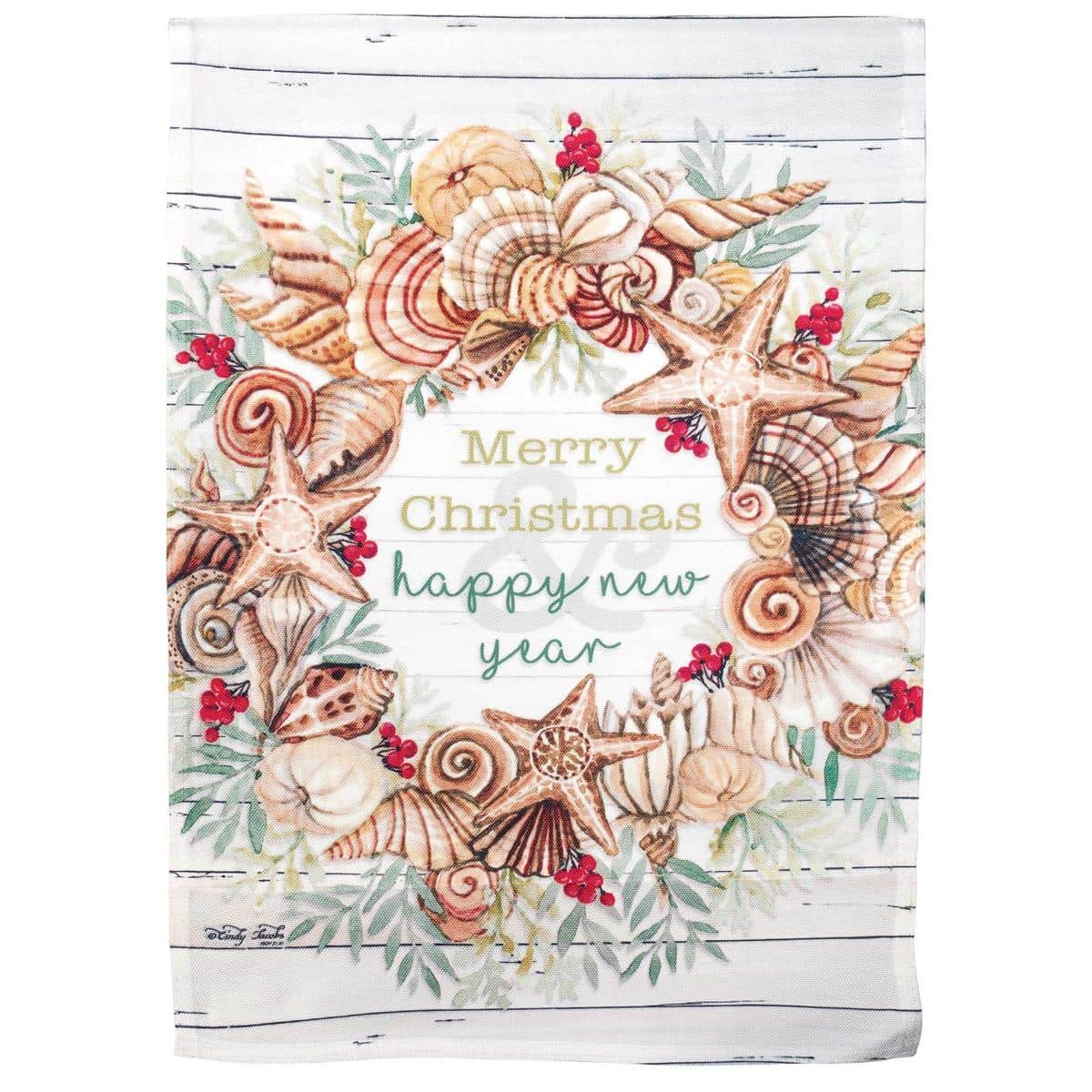 13x18 Coastal Wreath Christmas Garden Flag - High resolution printed wreath design with shells and starfish, festive greenery and berries, durable weather-resistant fabric for porch display.