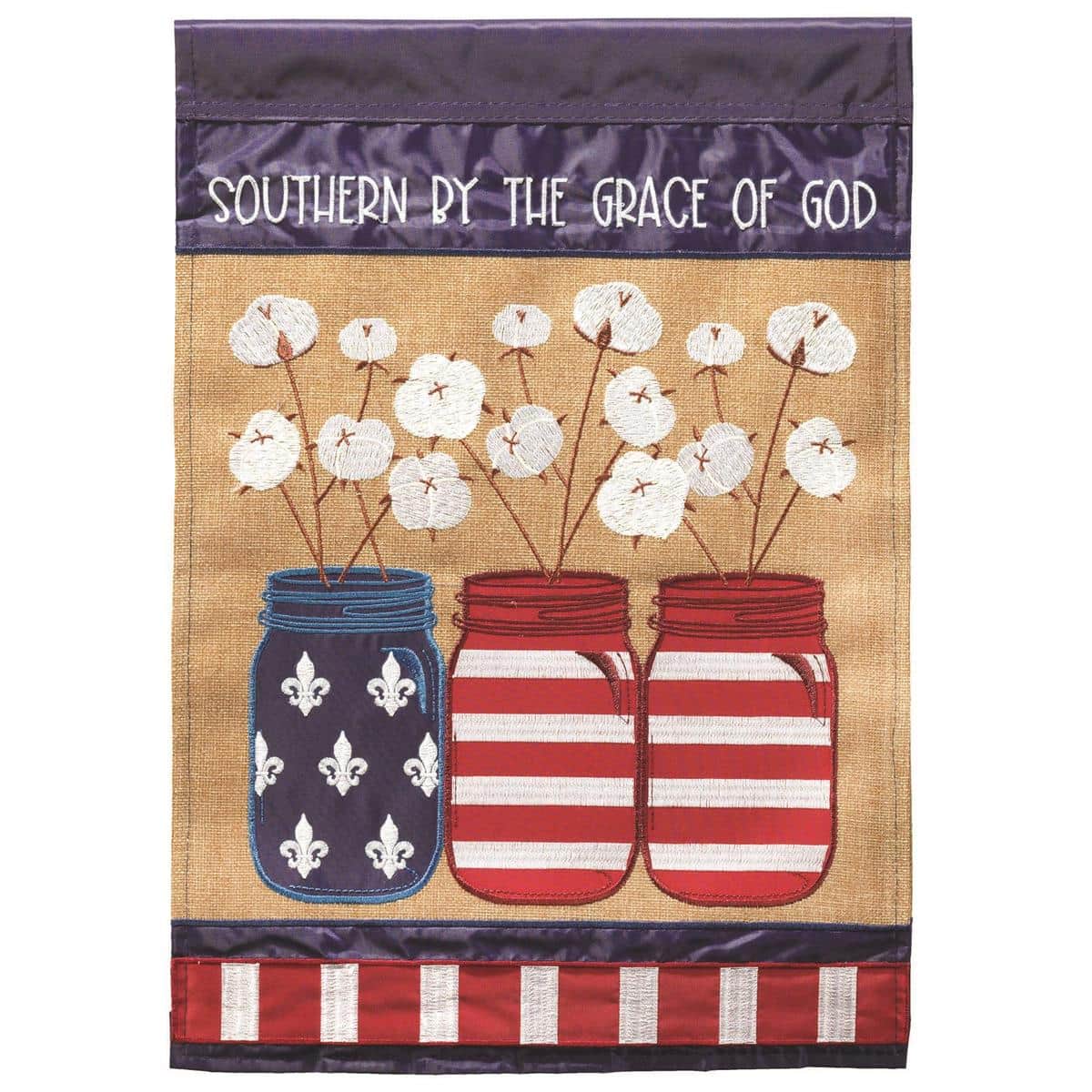 13x18 cotton garden flag with text Grace Of God and Southern patriotic motifs in layered double applique, reinforced sleeve and stitching for garden pole display.