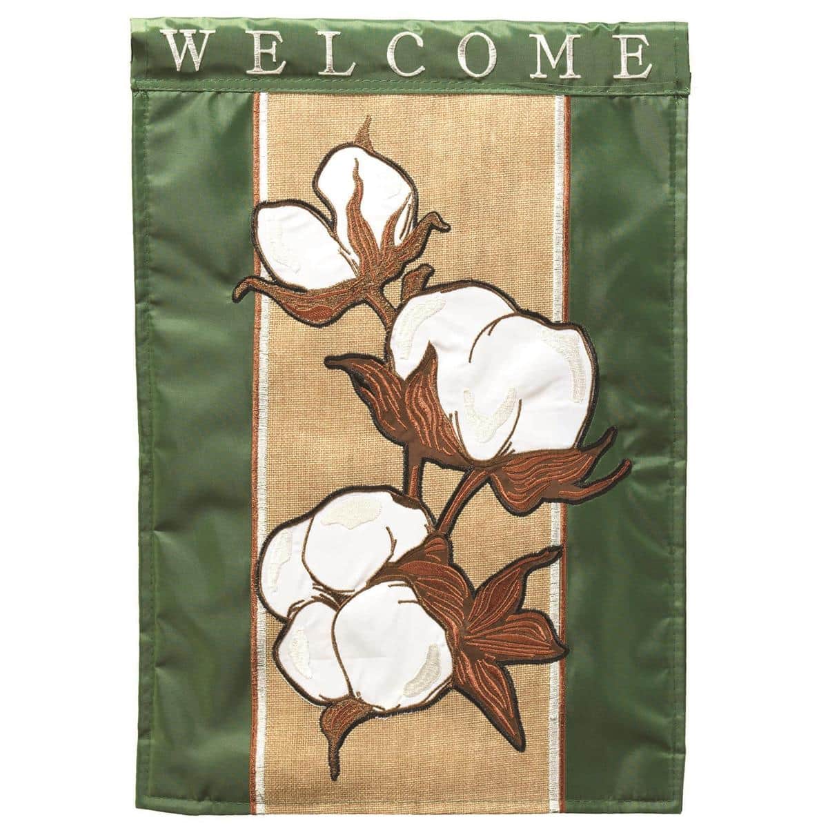 Cotton Welcome Burlap Banner Flag 29x42 hanging on a porch rail with double applique floral accents and rustic burlap texture, shown in a FlowersSouth style welcome display.