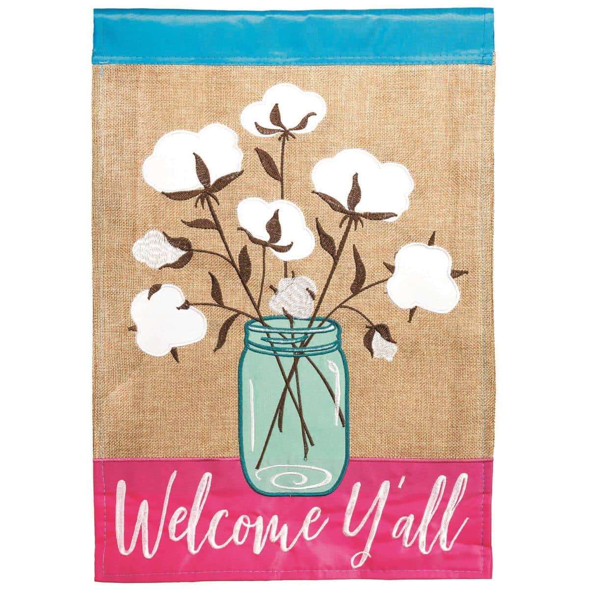 Main product image shows a 13x18 Cotton Welcome Burlap Garden Flag featuring Double Applique FlowersSouth floral artwork, textured burlap panel, stitched 'Welcome' script, reinforced pole sleeve, and finished edges, displayed on a simple metal garden flag stand in a planted porch setting to demonstrate scale and seasonal placement