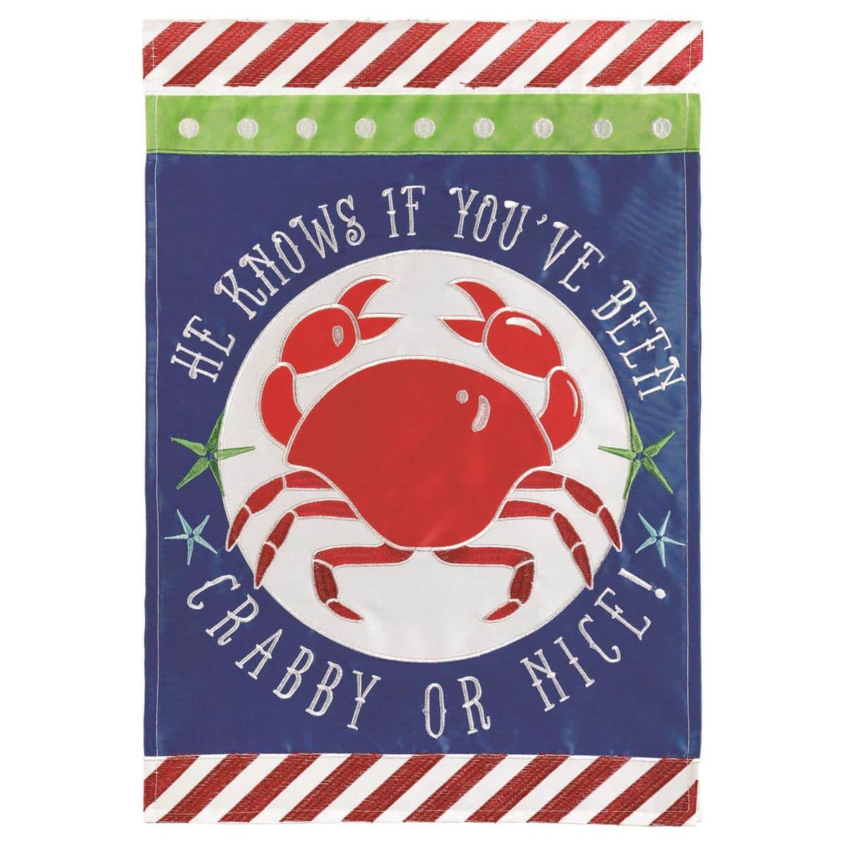 Coastal Christmas garden flag featuring a smiling red crab in a Santa hat, 13x18 double applique, two-sided design hanging from a standard garden pole