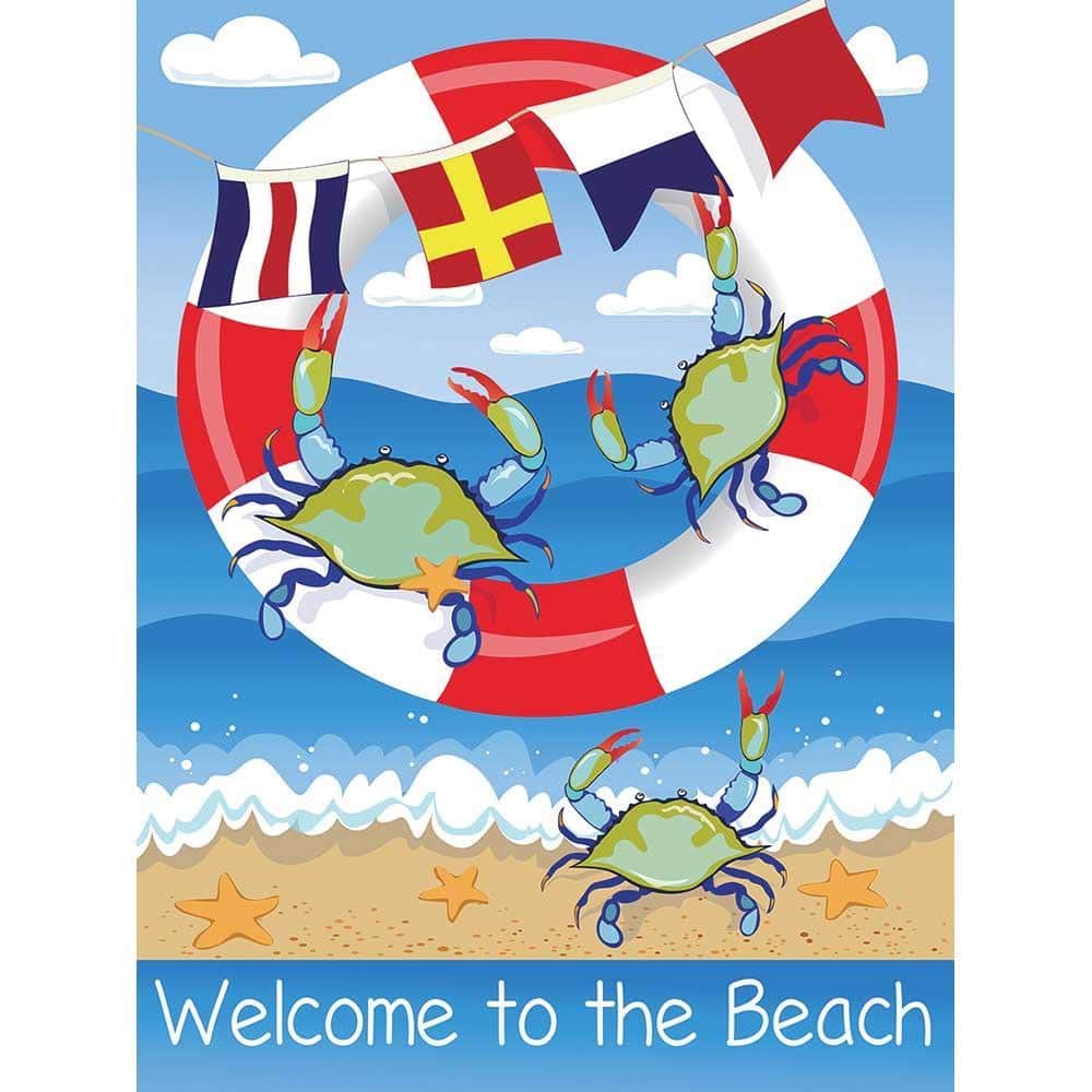House-size 30x44 coastal banner flag with red crab and Welcome typography, printed on durable polyester with top pole sleeve, displayed on a porch.