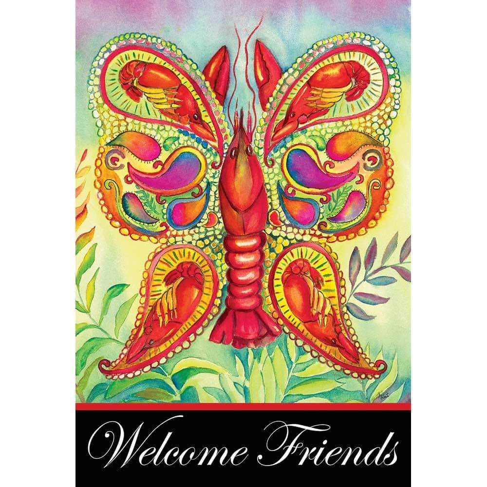 Main product image alt text: 30x44 printed banner flag with colorful crawfish and butterflies on durable outdoor fabric shown mounted on a porch flag pole.