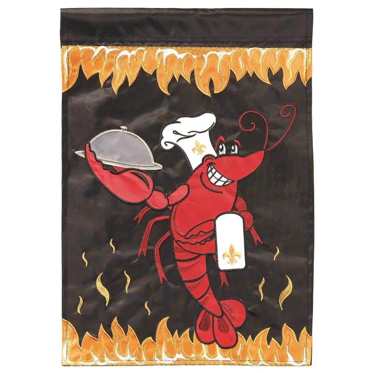 13x18 Crawfish Garden Flag in LA-Food style with double applique; bright red crawfish illustration on a contrasting background, shown mounted on a standard garden flagpole for outdoor display.
