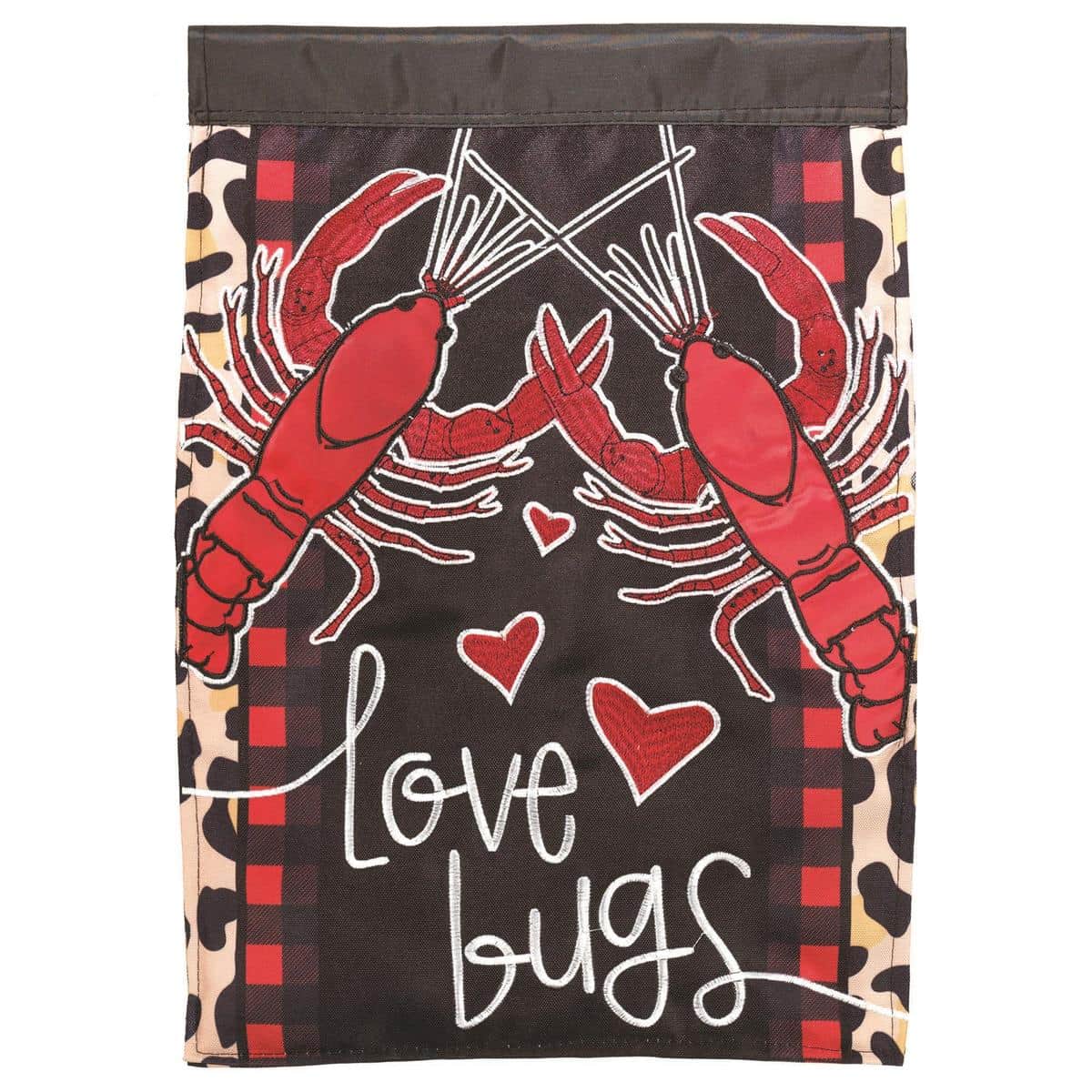 13x18 Crawfish Love Bugs garden flag LAValentines double-applique design featuring red crawfish shaped hearts and playful love bugs for porch or yard display.