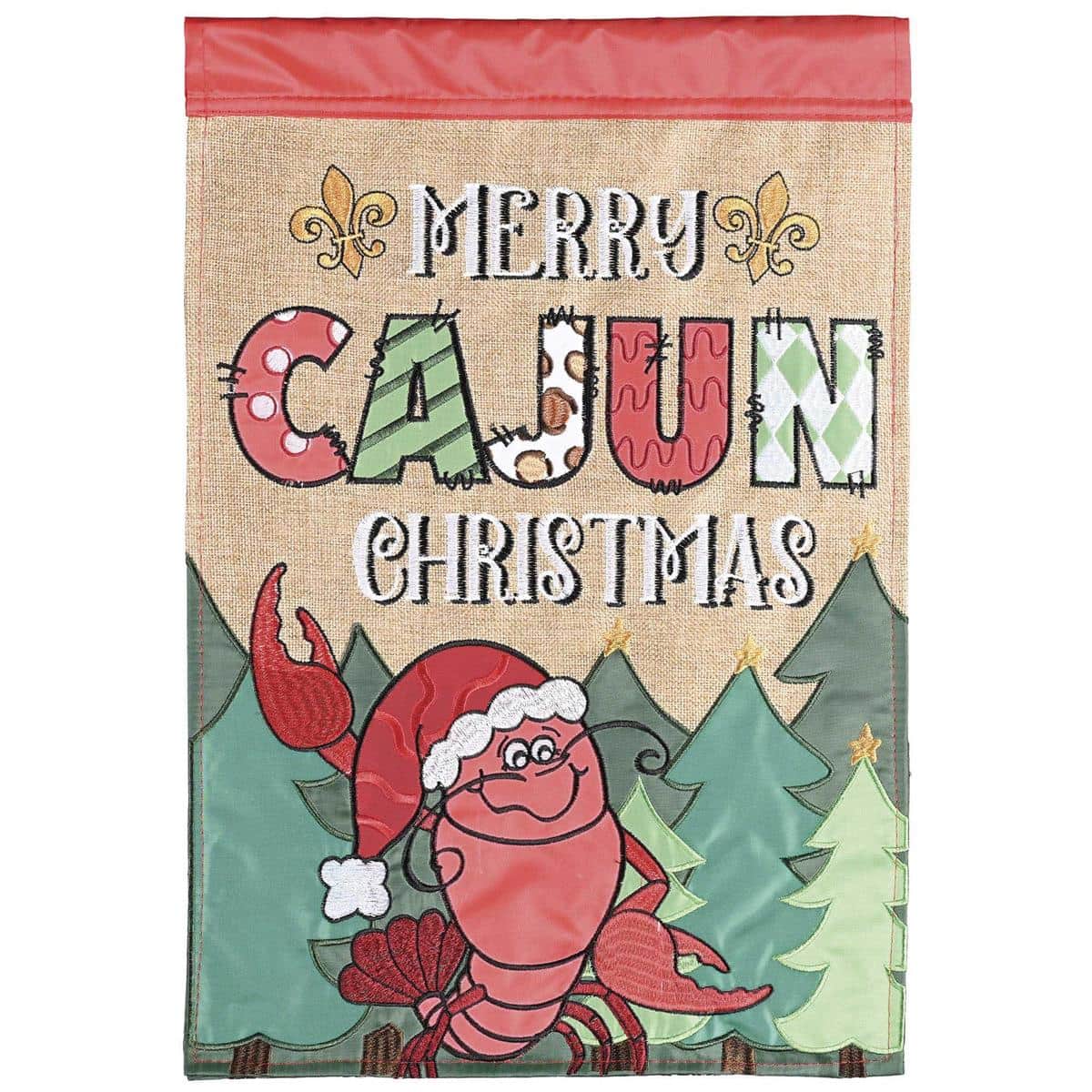 Double-sided Crawfish Merry Cajun Christmas flag with red crawfish in Santa hat, holly accents, double applique texture, top sleeve fits standard house or garden pole
