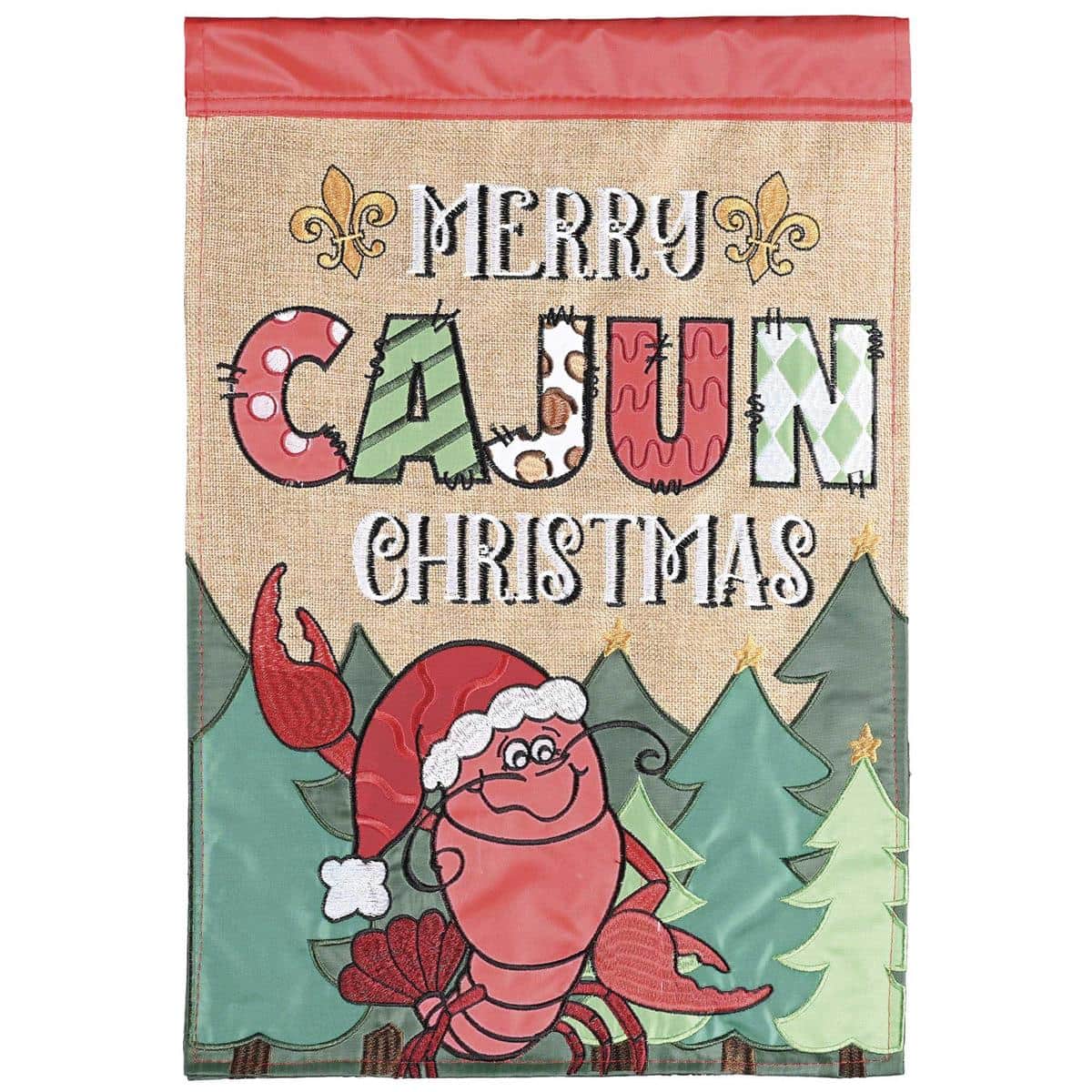 Red and gold Crawfish Merry Cajun Christmas double applique flag hanging from a porch pole with bold "Merry Cajun Christmas" lettering and a playful crawfish illustration.