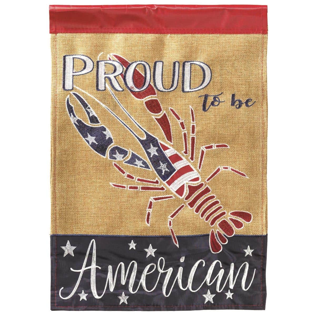 13x18 Crawfish Proud American garden flag with red crawfish and stars-and-stripes accents, double applique layers, flying on a stand in a sunny yard