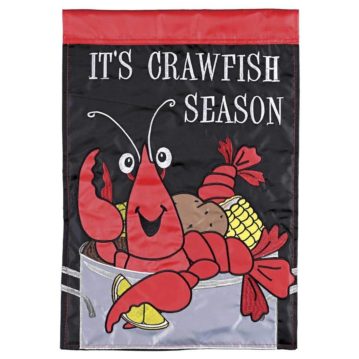 29x42 double applique Crawfish Season banner flag in LA-Everyday style, red crawfish art, outdoor house flag hanging from a porch pole, two-sided.