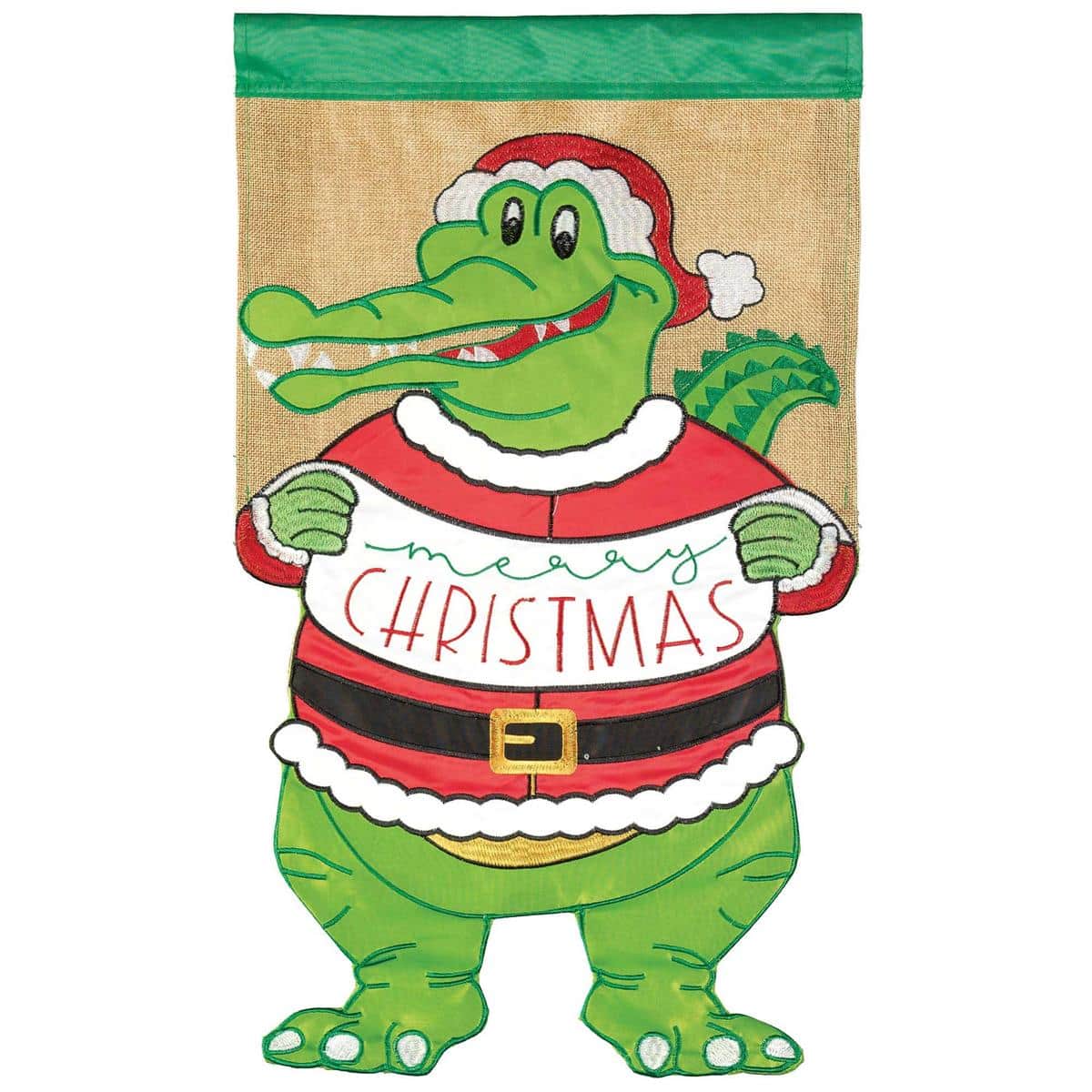 13x18 Crazy Leg Alligator Christmas garden flag with swinging fabric legs, Santa hat, and holiday lights, shown outdoors on a metal garden pole in winter.