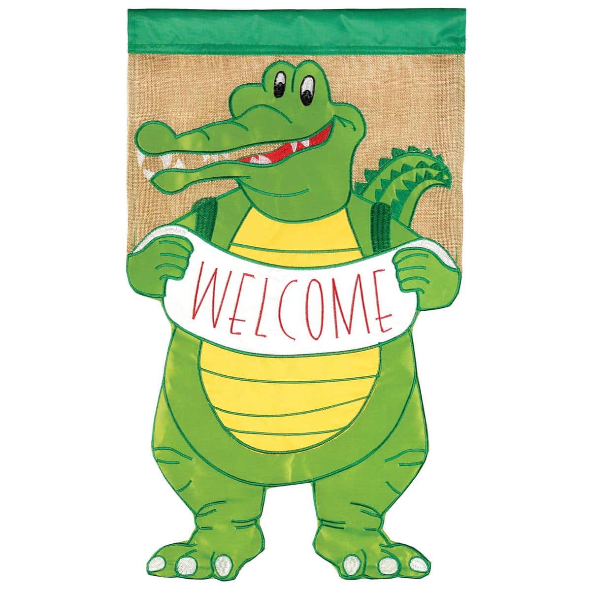 Whimsical 13x18 garden flag with green alligator and dangling crazy legs, 'Welcome' script, shown on a yard stand by a walkway