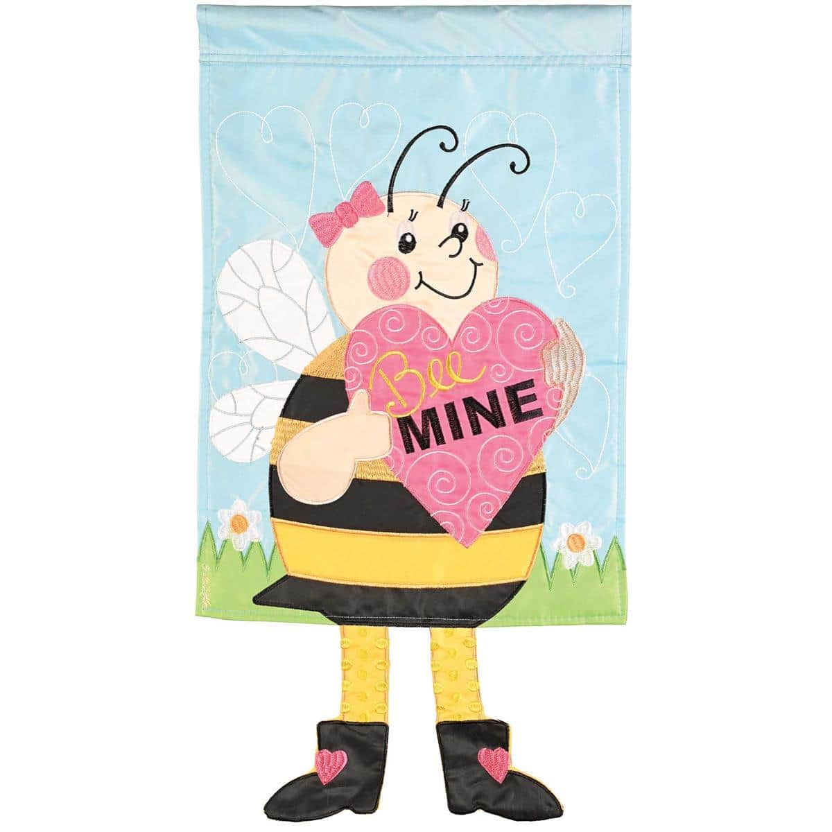Crazy Leg Bee Mine 13 x 18 inch Valentine garden flag with dangling bee legs, heart accents, and two-sided artwork displayed on a standard yard flag stand.