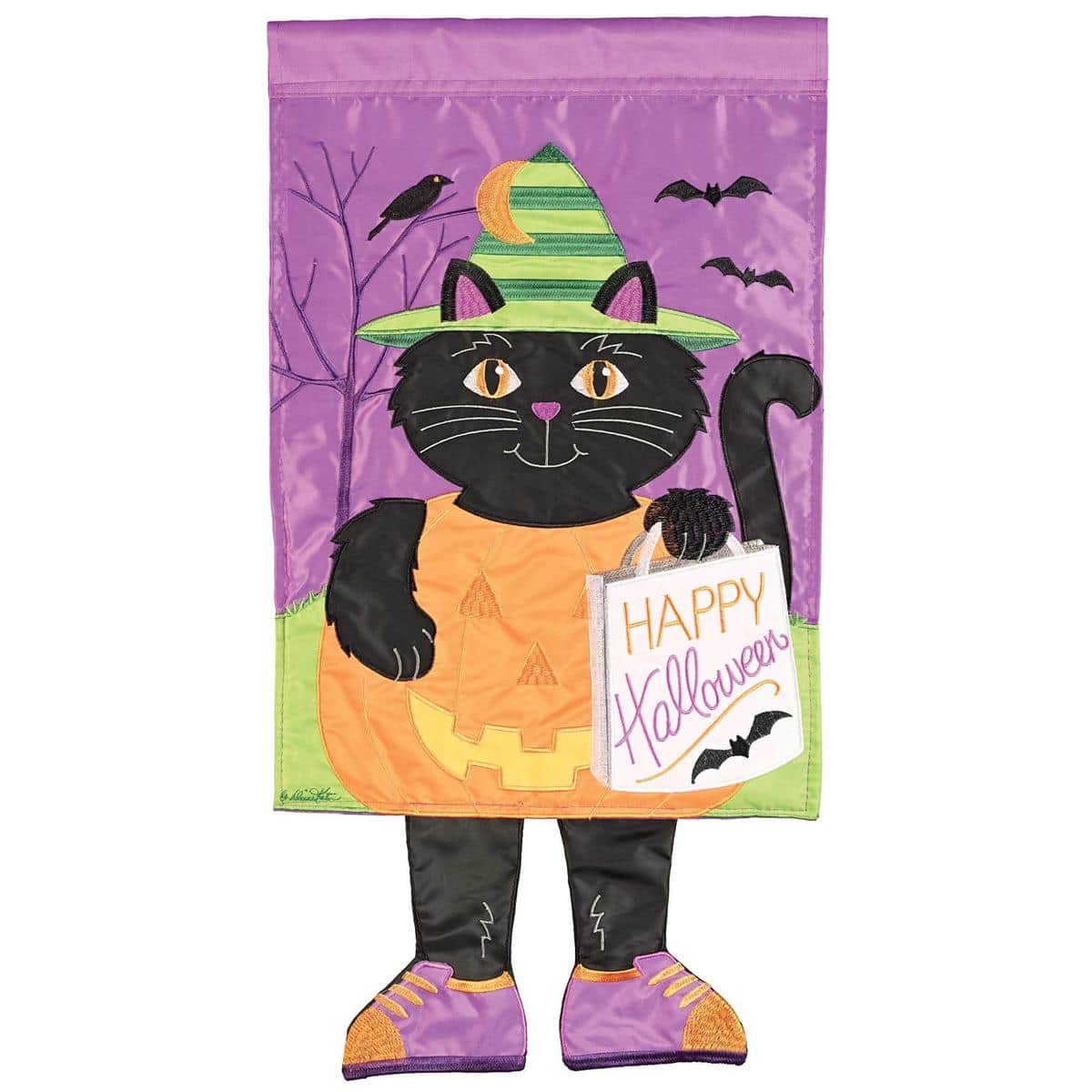 13x18 Crazy Leg black cat garden flag with "Happy Halloween" text and quirky stretched legs on a yard flag stand amid autumn pumpkins and foliage.