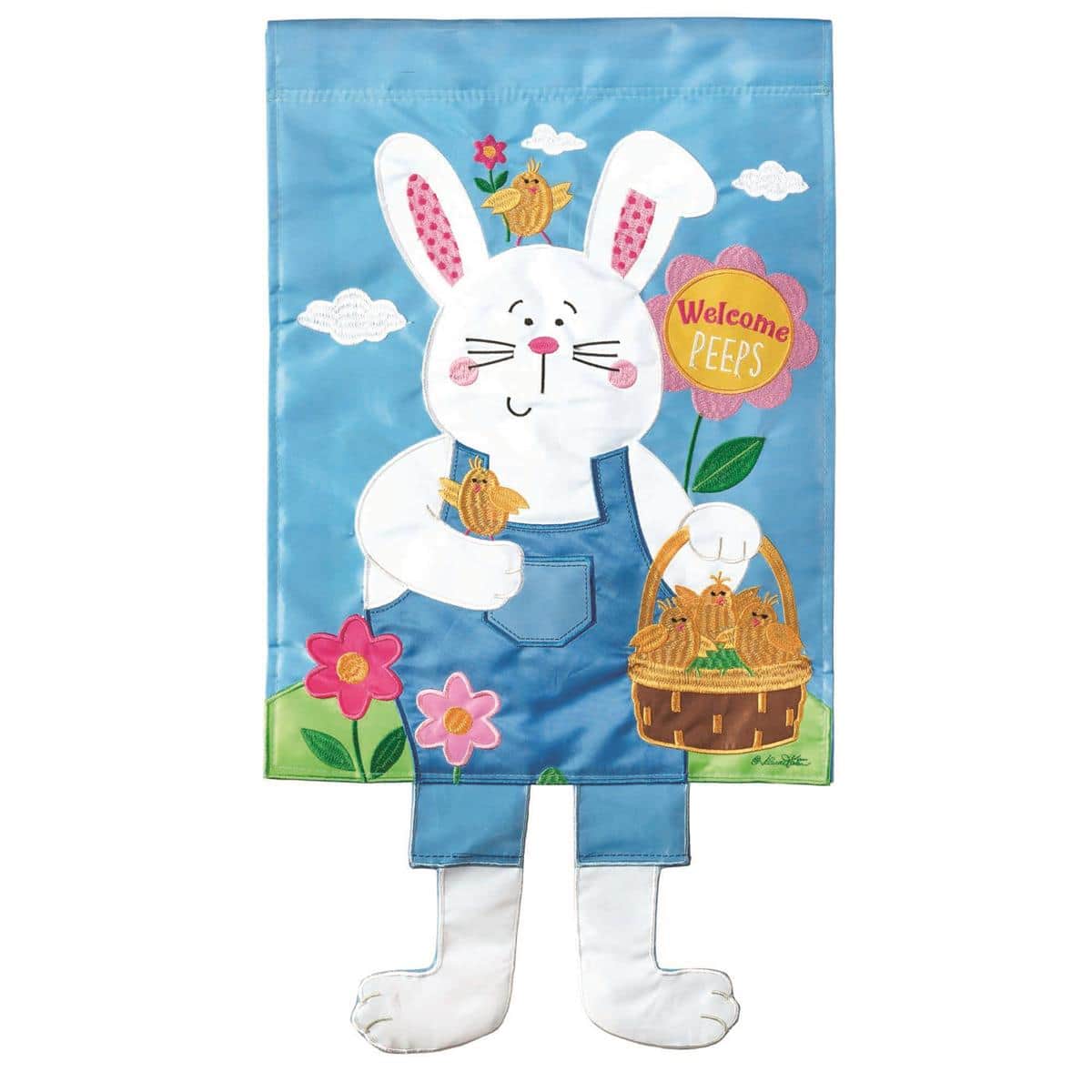 Whimsical Crazy Leg Bunny garden flag 13 by 18 inches showing a silly rabbit with long striped legs for Easter lawn decor.