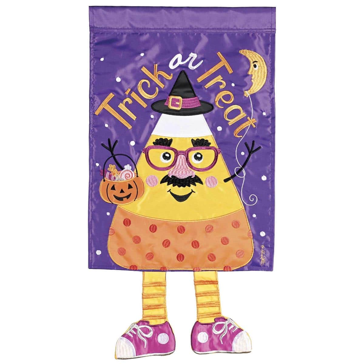 13x18 Crazy Leg Candy Corn Trick Or Treat garden flag with dangling legs and candy corn pattern in orange, yellow, white, and black displayed on a porch flag pole.